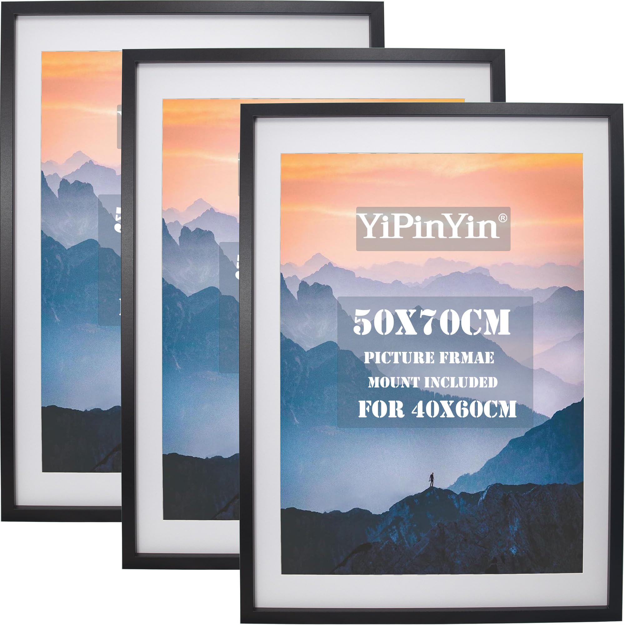 50x70cm Black Boxed Picture Frames Set of 3,for 40x60cm,50x70 Picture Frame with Acid Free mount for Home,Bedroom Living Room,Office & Hotel Decor — image 1