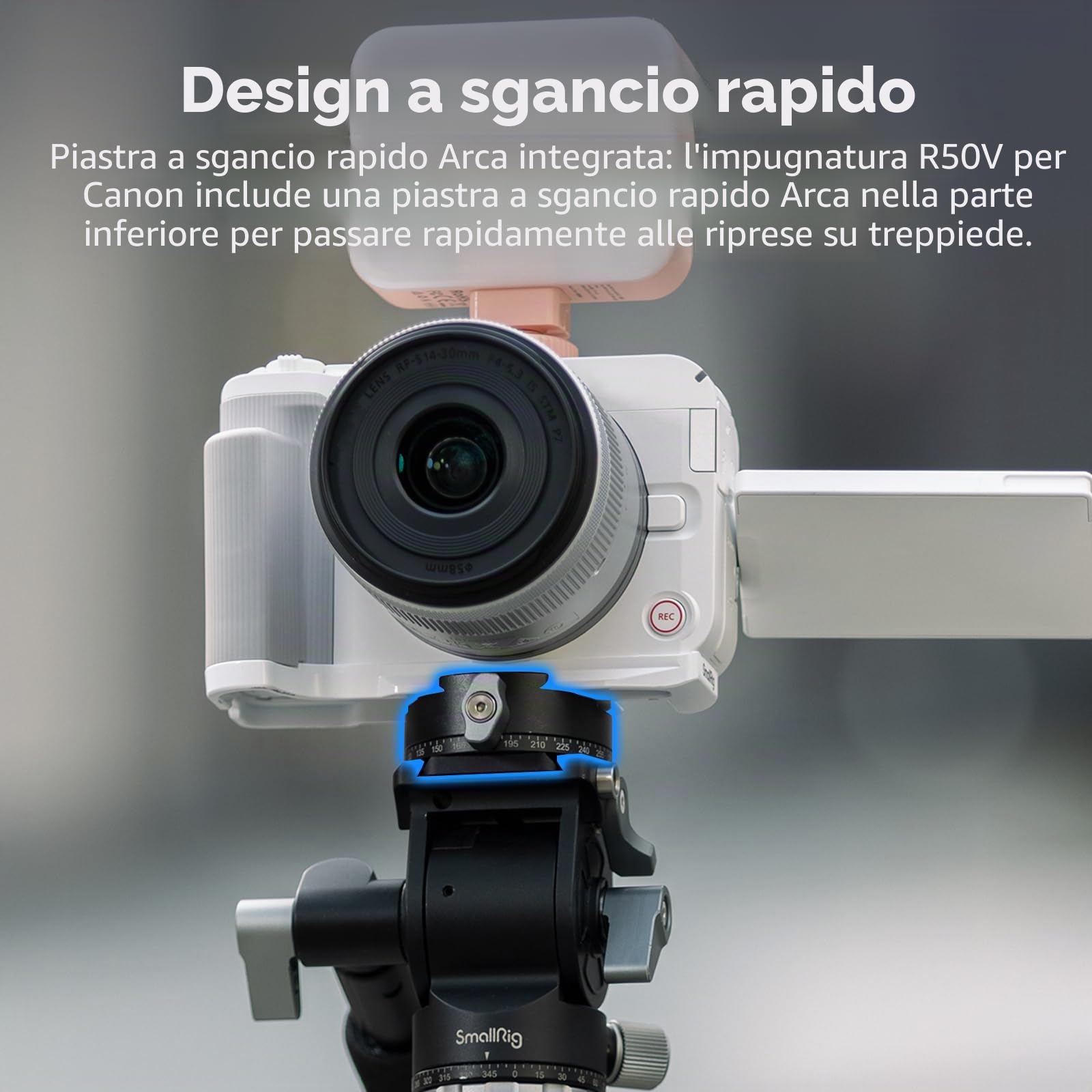 SMALLRIG Impugnatura R50 V a forma di L per Canon R50V con piastra a sgancio rapido per Arca, impugnatura laterale leggera a coste, supporto per scarpa fredda, fori filettati da 1/4"-20, supporto per