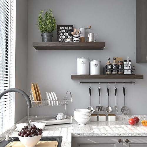 Miniatura 5 de Estantes flotantes para pared, estantes de madera natural de 17 pulgadas para baño, dormitorio, decoración de cocina, juego de 2 decoración