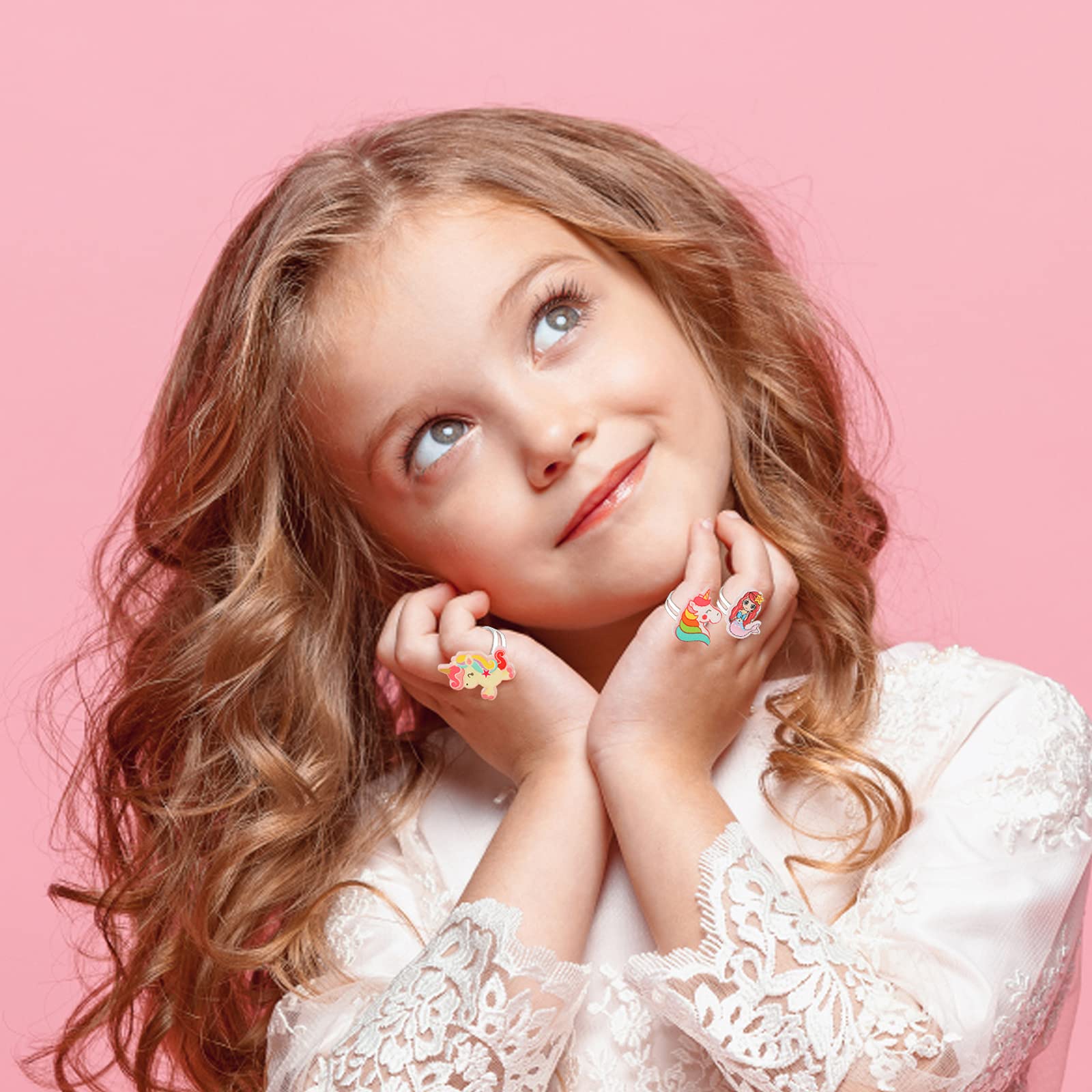 HIFOT 16 Pièces Bagues Réglables pour Enfants avec Boîte Coeur Rose, Kit Bijoux Princesse