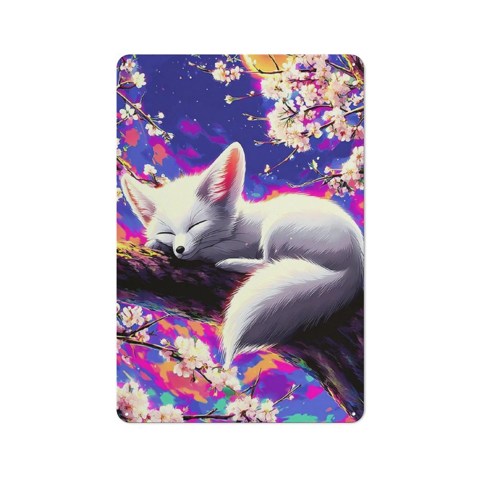 Junmoney Cherry Blossom Dreams Fox Art Print -1 Classic Metal Sign 30X20cm Featuring Bar Wall Plaque For Diner, Restaurant, Shed Or Kitchen