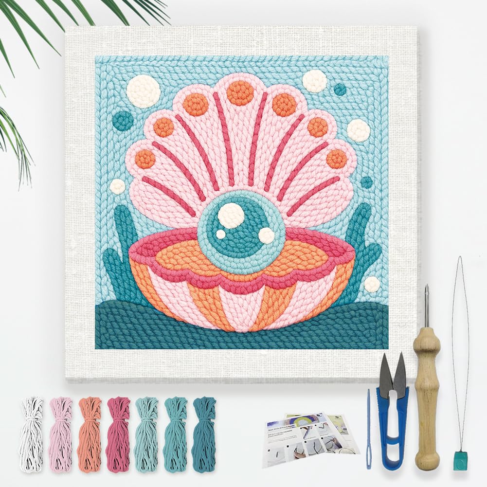 DOODLREAM Pink Shell Punch Needle Kit for Beginner, 24x24cm Blue Pearl Punch Stitching Craft Set, DIY Embroidery Starter with Printed Frame, Instruction, Threader, Yarn, Pinch Needle
