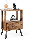 Nightstand with Fabric Storage Drawer with 2 Tiers Storage Space with Outlet, Wooden Bedside Table End Table with Matel Legs Night Stand for Bedroom Office, Grey