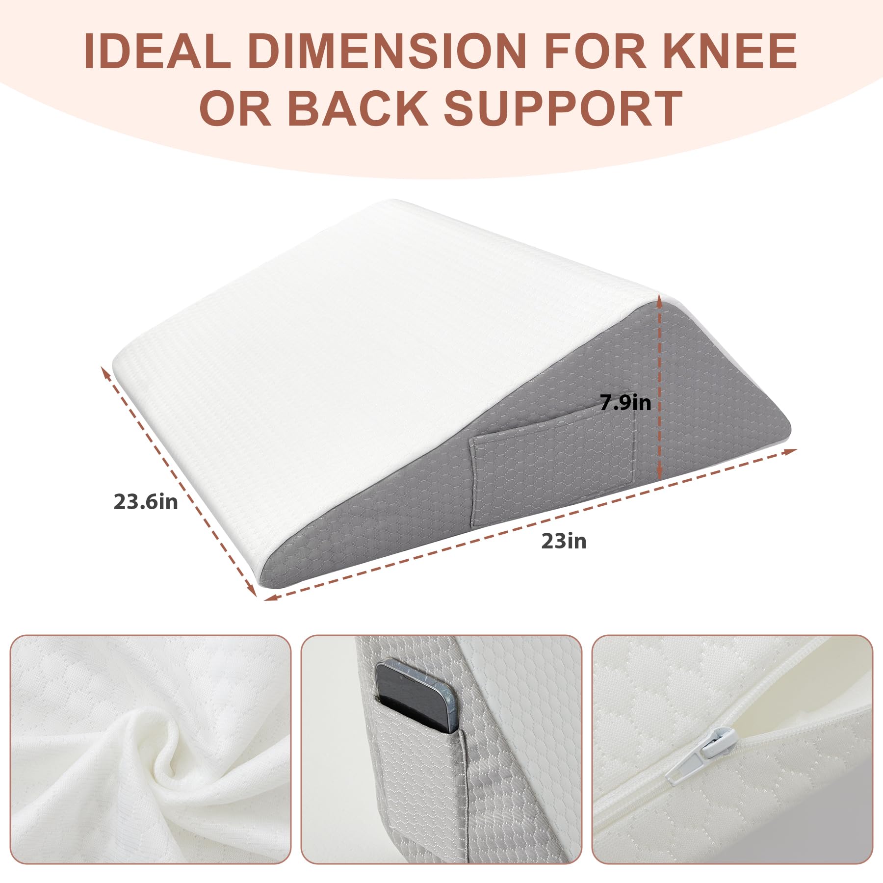 Almohada de cuña de rodilla, almohada de espuma viscoelástica para dormir, almohada triangular postoperatoria para soporte de rodilla, elevación de piernas, alivio del dolor de rodilla y cadera (23.6