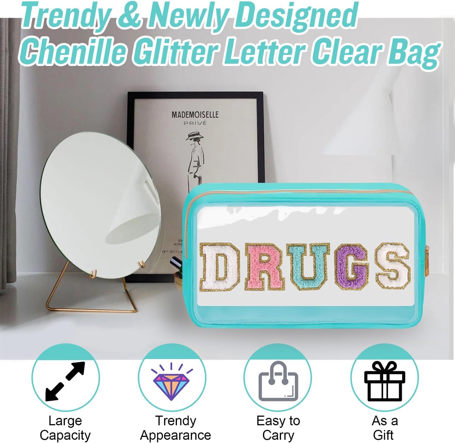 Bolsa de Aseo de PVC, Bolsa de cosméticos Transparente con Letras de Chenilla, Bolsa de Maquillaje Transparente, Bolsa Grande con Cremallera for Medicina de Viaje, Nailon Multicolor