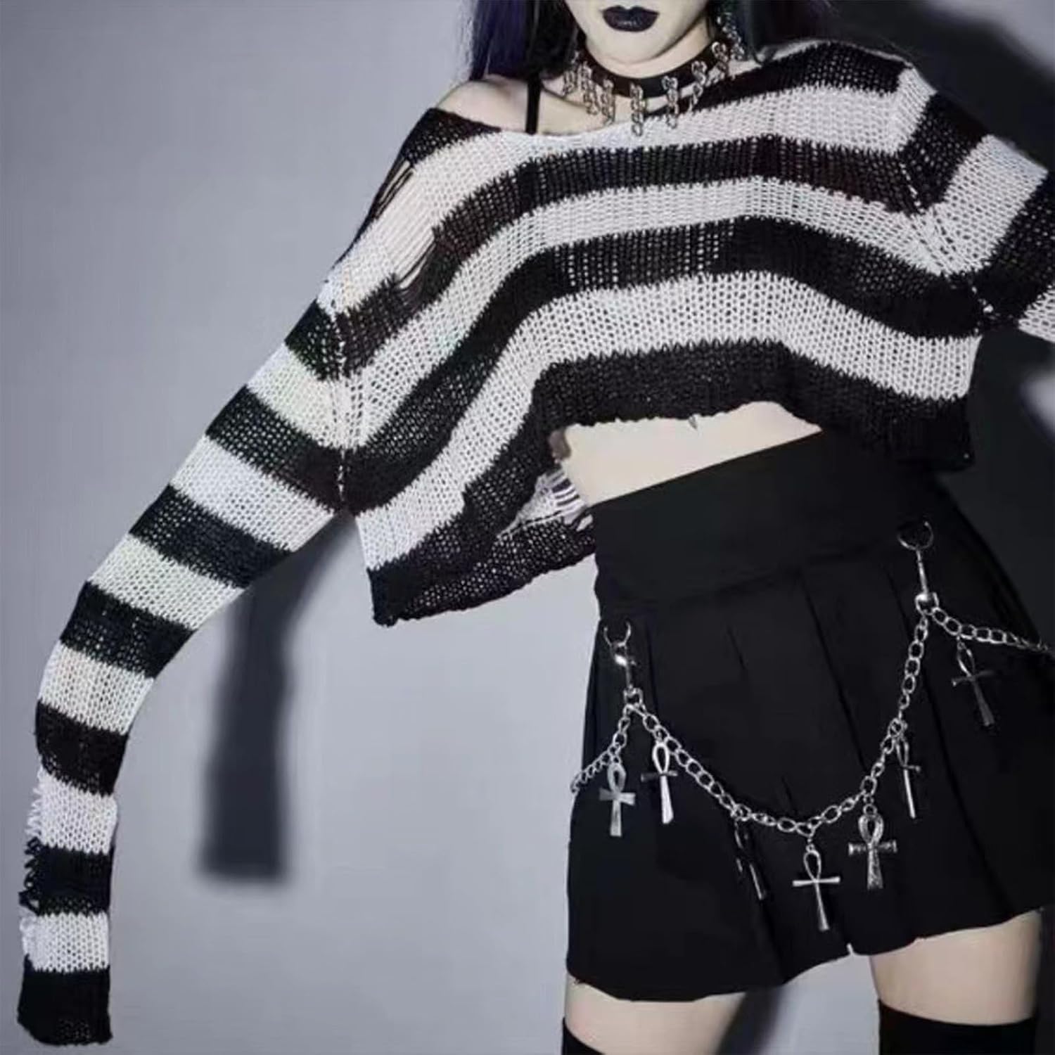 Women ' s Loose Long Sleeve Striped Crew Neck Gothic Pullover Knit Sweater Crop Top Cropped Sweater Top