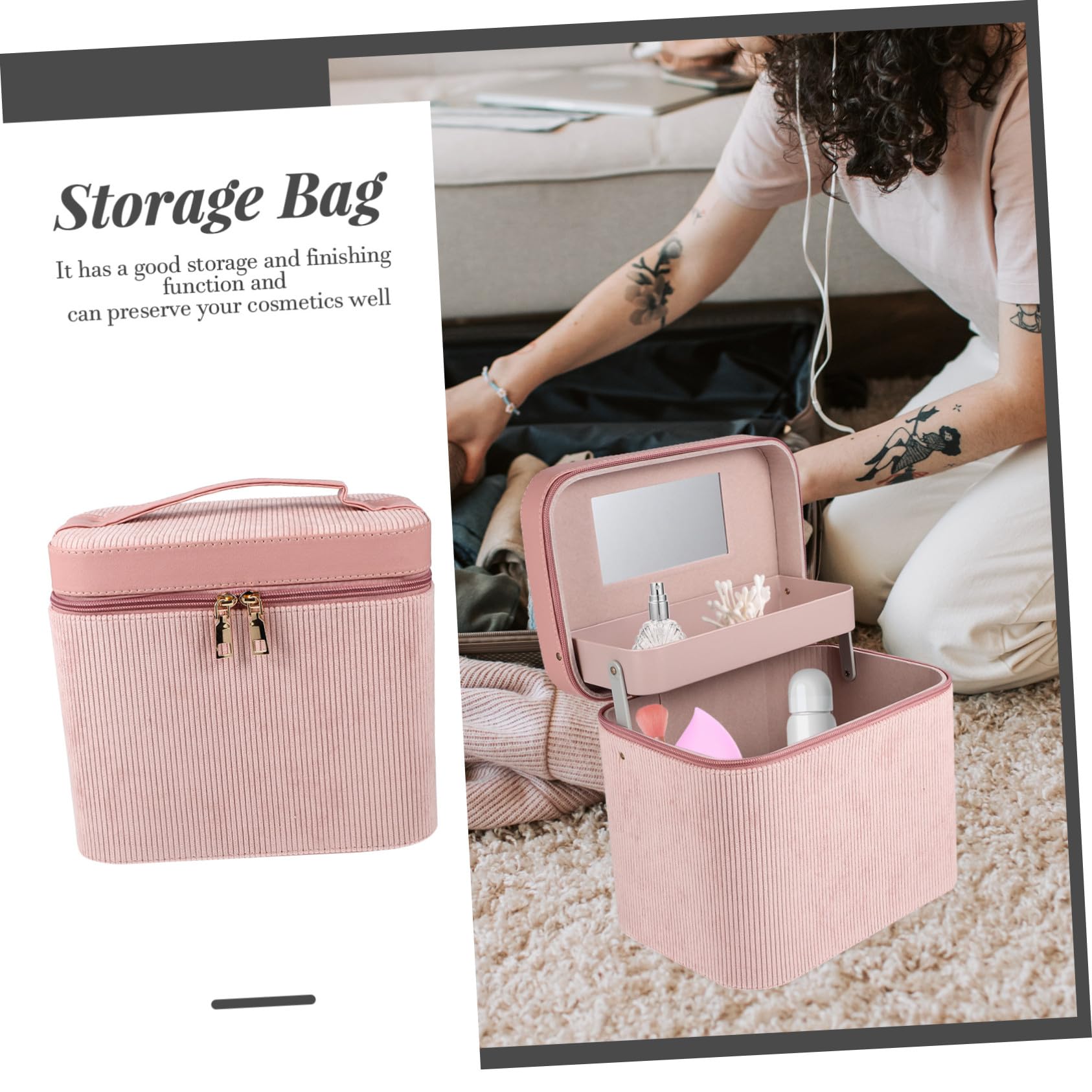 Homoyoyo Trousse de Maquillage Suspendue Double Compartiment Sac de Toilette Portable Similicuir Étui de Rangement pour Cosmétiques et Produits de Soin