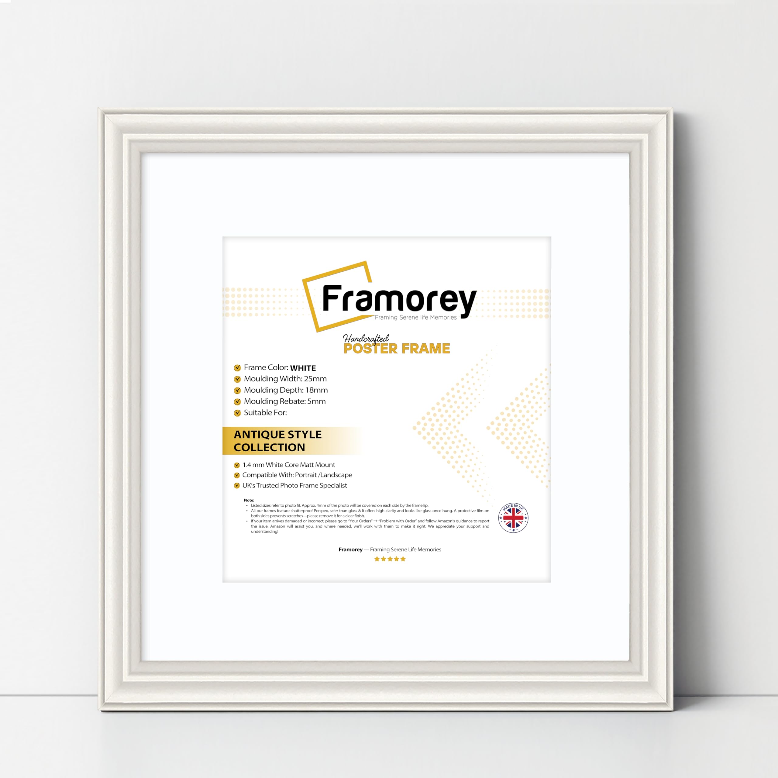 FRAMOREY Square Photo Frames, 6x6" Size White Picture Frame With 4x4" Size White Mount, LW Antique Style Home Wall Decor Frames, Wall Hanging Art Poster Frames, MDF Wood Frames