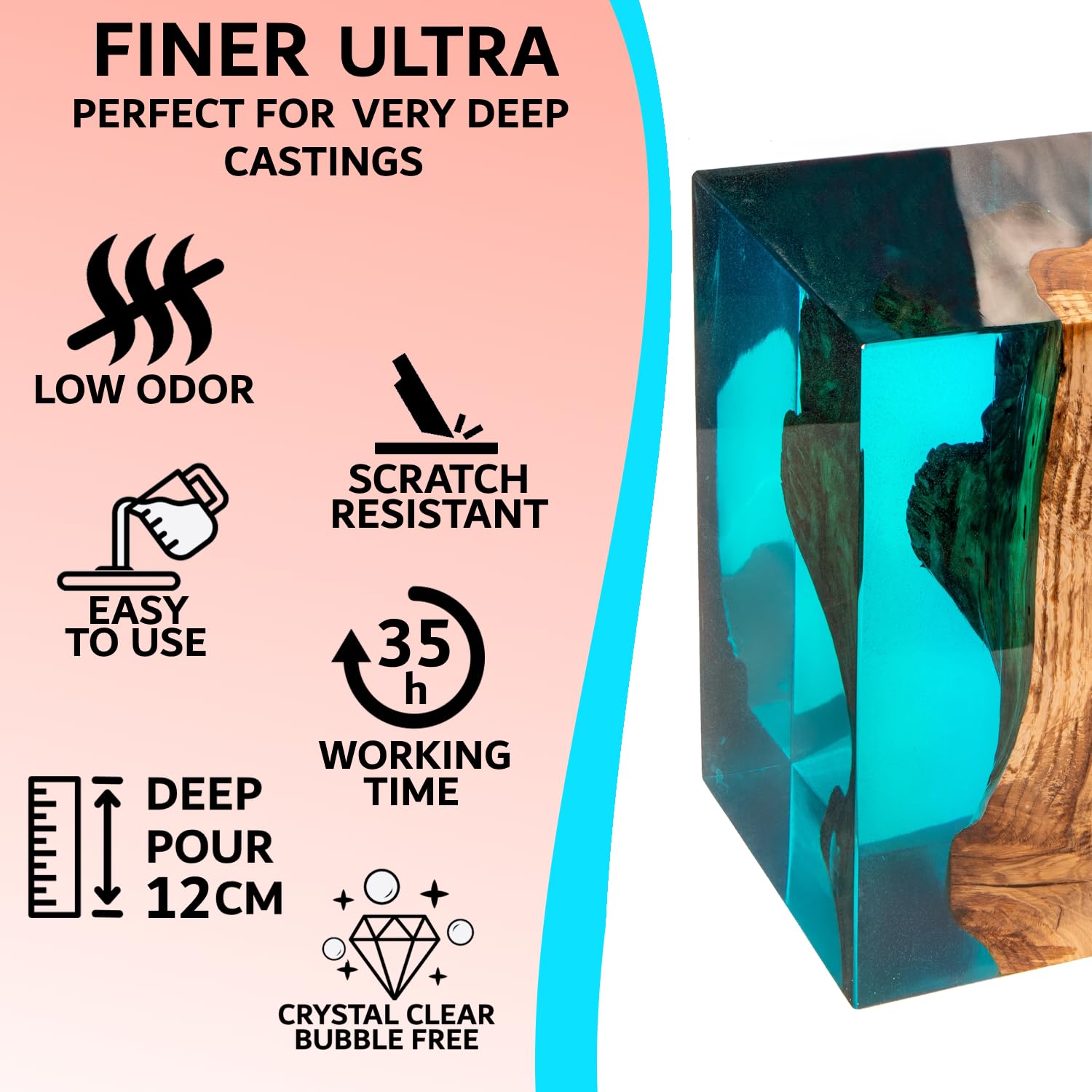 Finer - Resina epossidica ultra con indurente, 3 kg, profondità colata UV, resina epossidica + indurente, resina di esposizione fino a profondità 12 cm