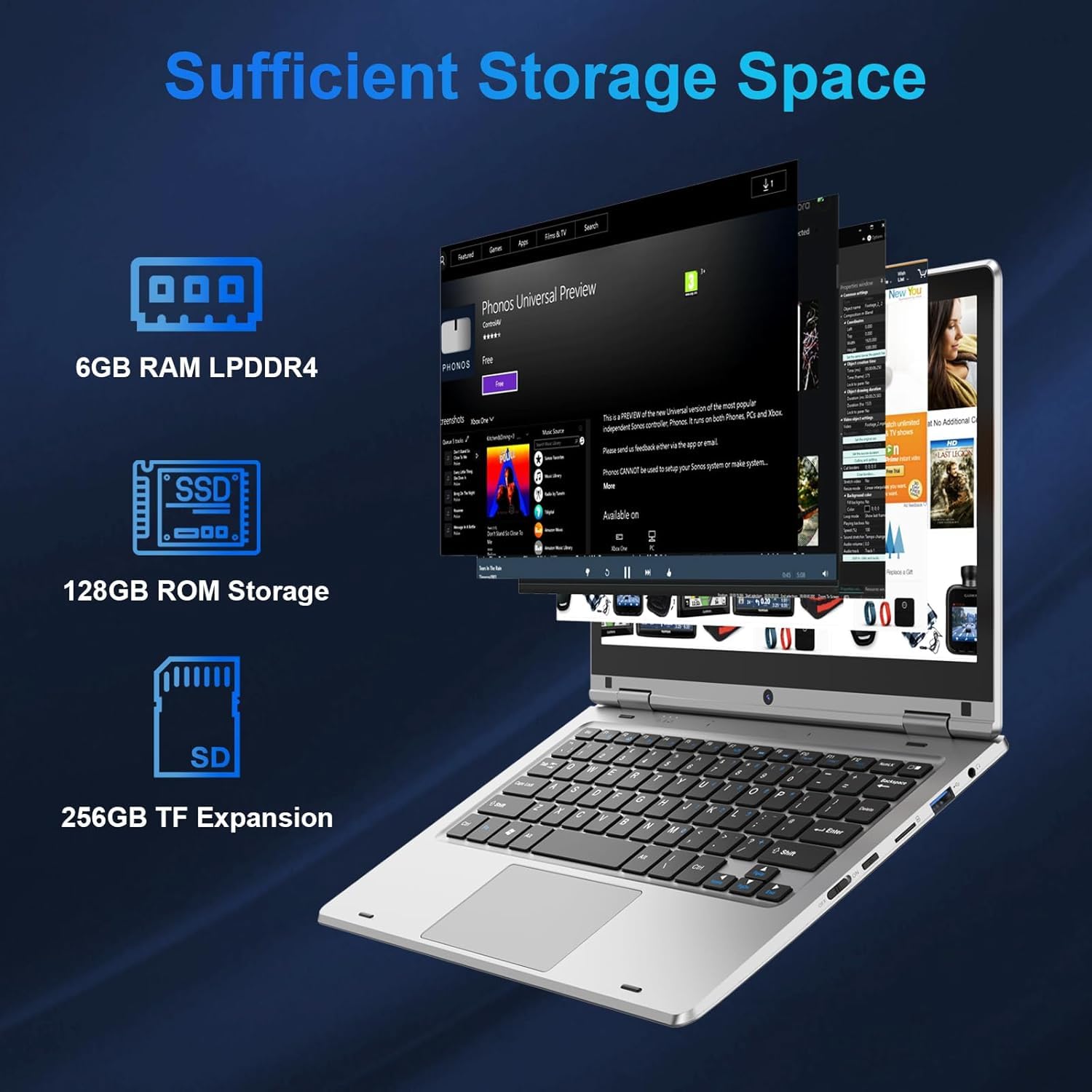 PINSTONE Computer portatile da 128 GB SSD 11.6" N4020 - PC portatile touch pieghevole a 360°, 1366 x 768 IPS, 2.4G+5G WiFi/Mini HDMI / USB3.0 / Laptop Extension SD Tastiera a membrana, argento
