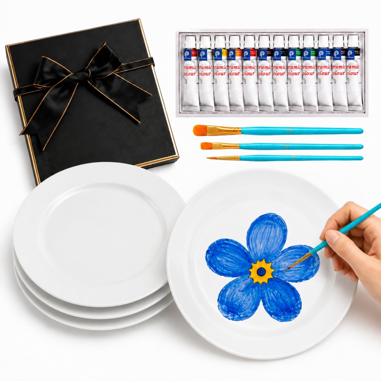 Sinmoe Kit per Dipingere Piatti in Ceramica Include 4 Piatti in Porcellana 3 Pennelli e 12 Colori Acrilici e 1 Scatola Regalo e 1 Tavolozza da Dipingere(8 Pollici,Lusso Moderno,4 Pezzi)