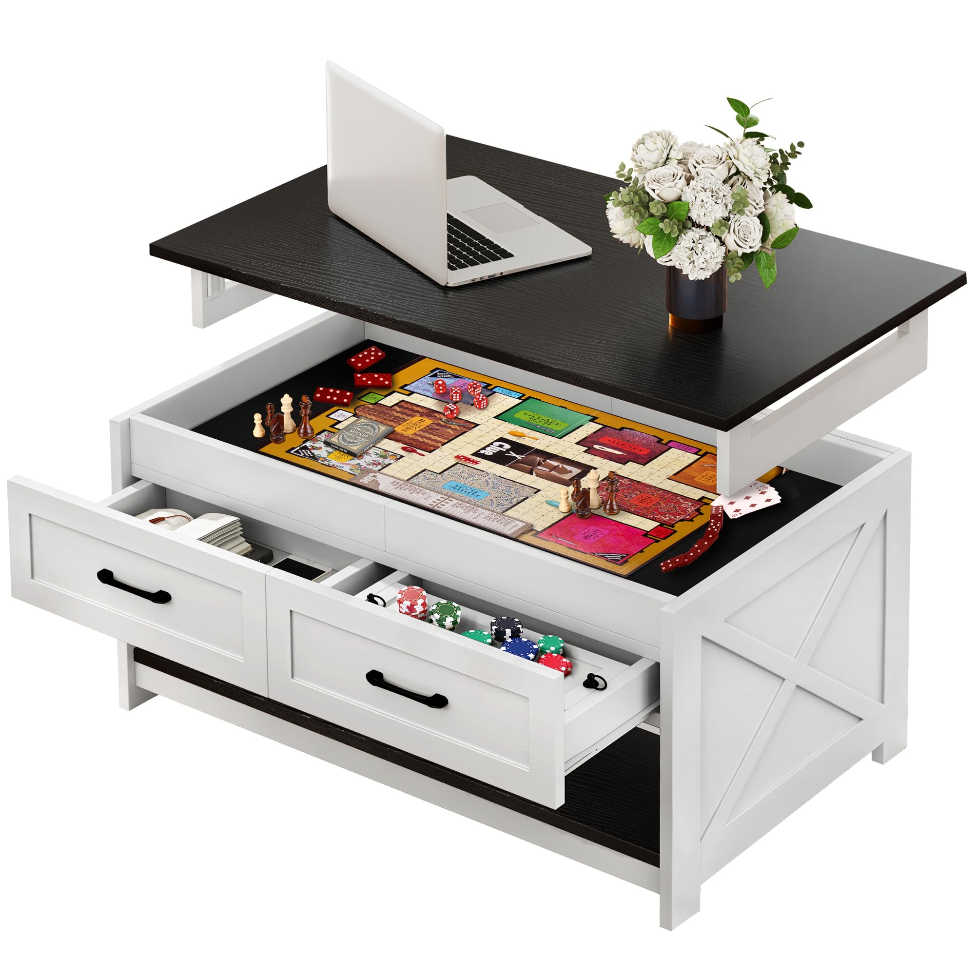 DWVO Farmhouse 3-in-1 Living Room Center: Board Game Console with Removable Top, Puzzle Organizer with 4 Drawers & Built-in Outlet, Coffee Table with Play Mat (Black/White)
