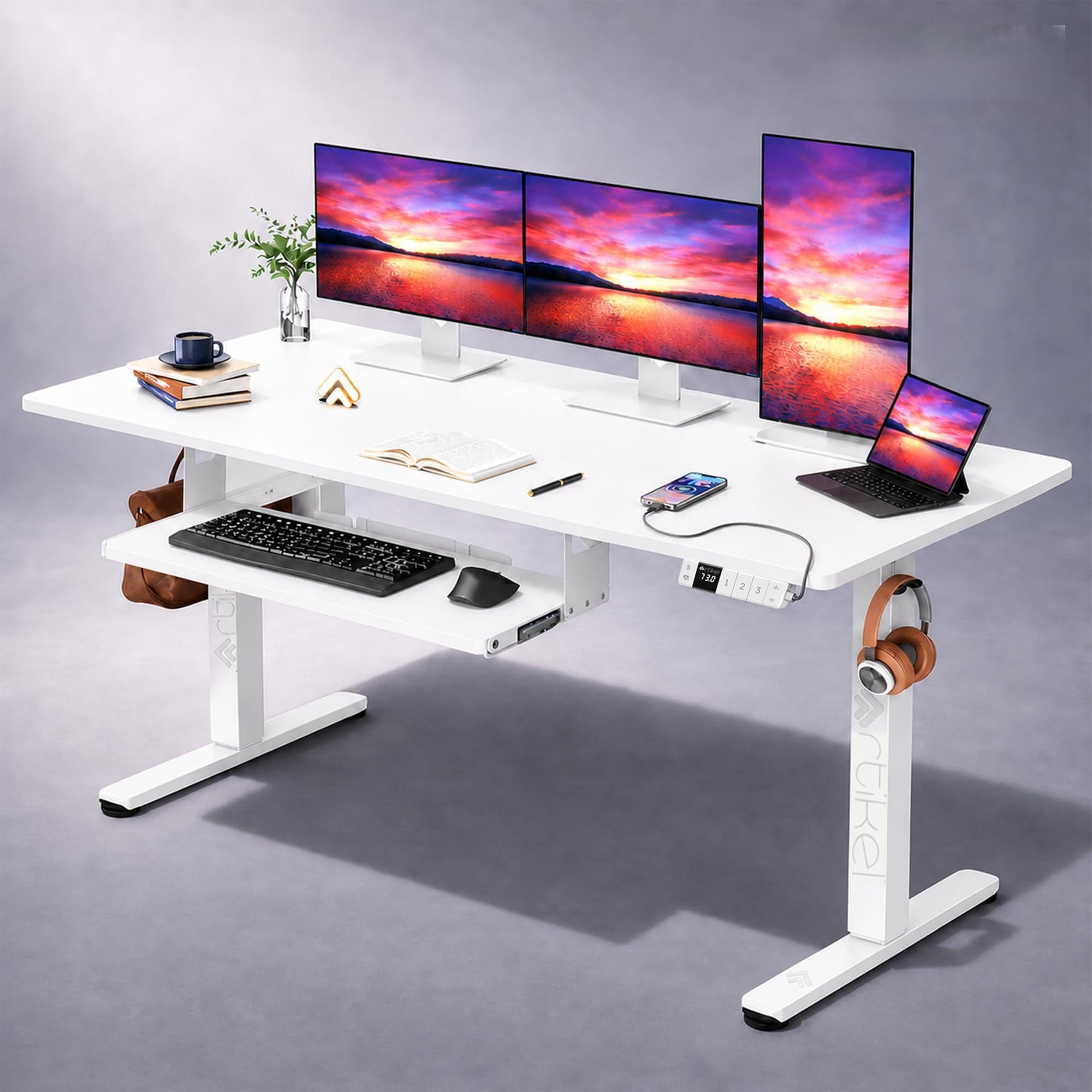 ARTIKEL Artidesk X-Large Electric Height Adjustable Table for Office Work with Keyboard Tray | Sit Stand Gaming Desk| 80Kg Wt Lift | 2 Headphone Hooks, Cable Management Tray - White (160x75cm)