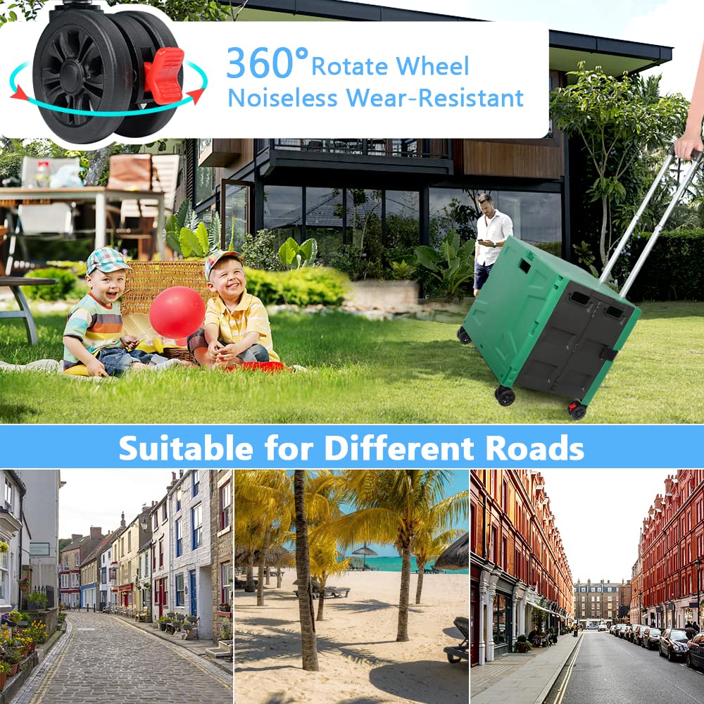 Pieghevole trolley spesa su 4 ruote, Carrello Portaoggetti con Manico Telescopico Regolabile, Cestino Spesa Portatile Resistente da 50 kg con Coperchio per Spesa/Campeggio - Verde/Nero