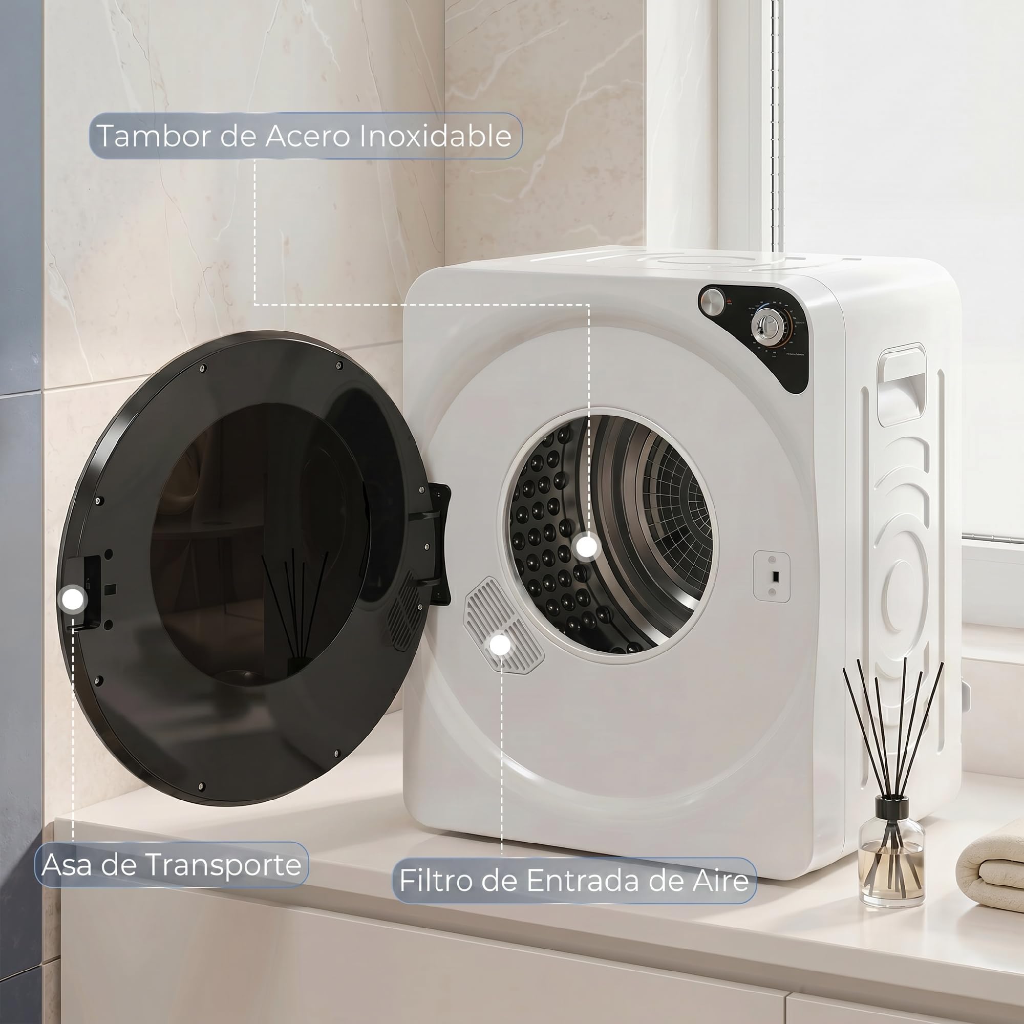 HOMCOM Secadora de Ropa 5 kg, Secadora de Evacuación Compacta 1000W, 5 Programas, Temporizador, Función Esterilizar, Tambor de Acero Inoxidable, Apilable o para Piso, Blanco