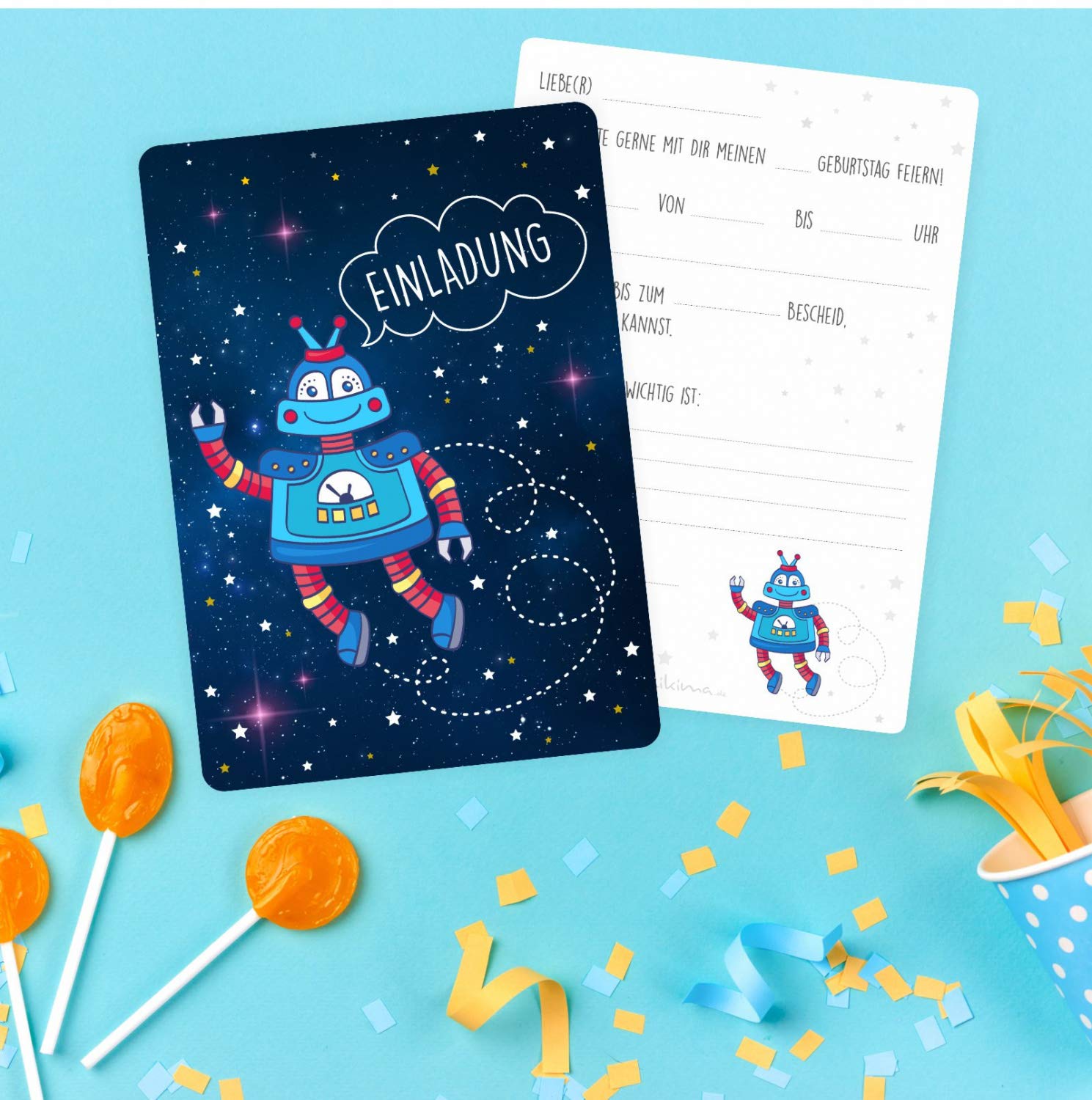 Roboter Einladungskarten Kindergeburtstag - 8 Karten Mit Umschlägen, Grünes Design