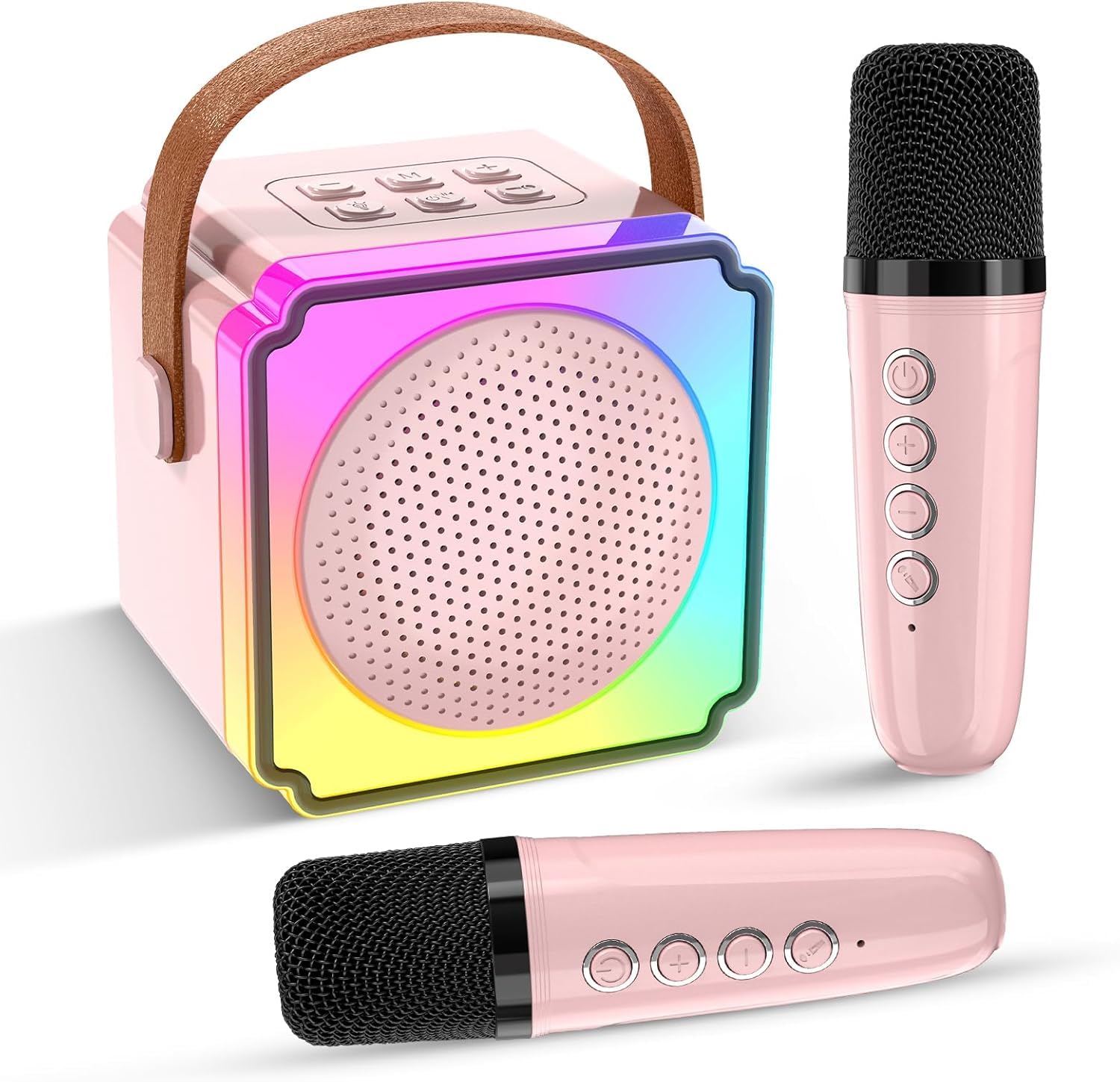 Mini machine de karaoké avec 2 microphones sans fil pour enfants et adultes, machine de karaoké portable avec changeur de voix et lumière LED, cadeau d'anniversaire pour filles et garçons
