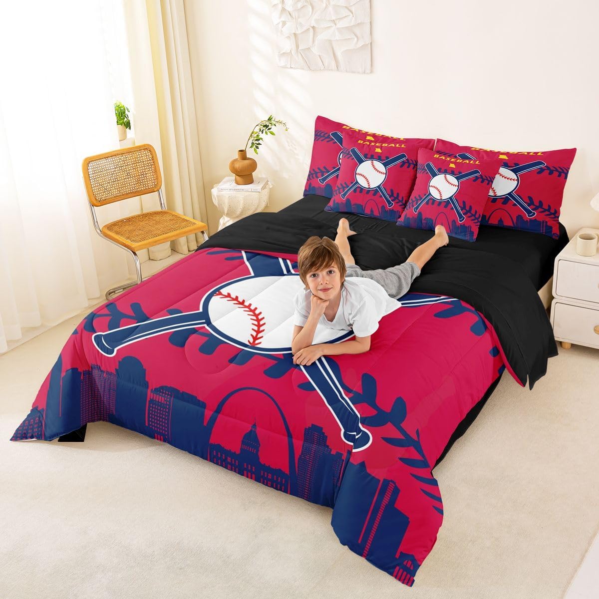 Erosebridal 7 Pcs Comforter Set Queen Size,Baseball Bed in a Bag with Flat Sheet and Fitted Sheet for Kids and Adults,Baseball Bedding Set with Pillowcases and Cushion Cases