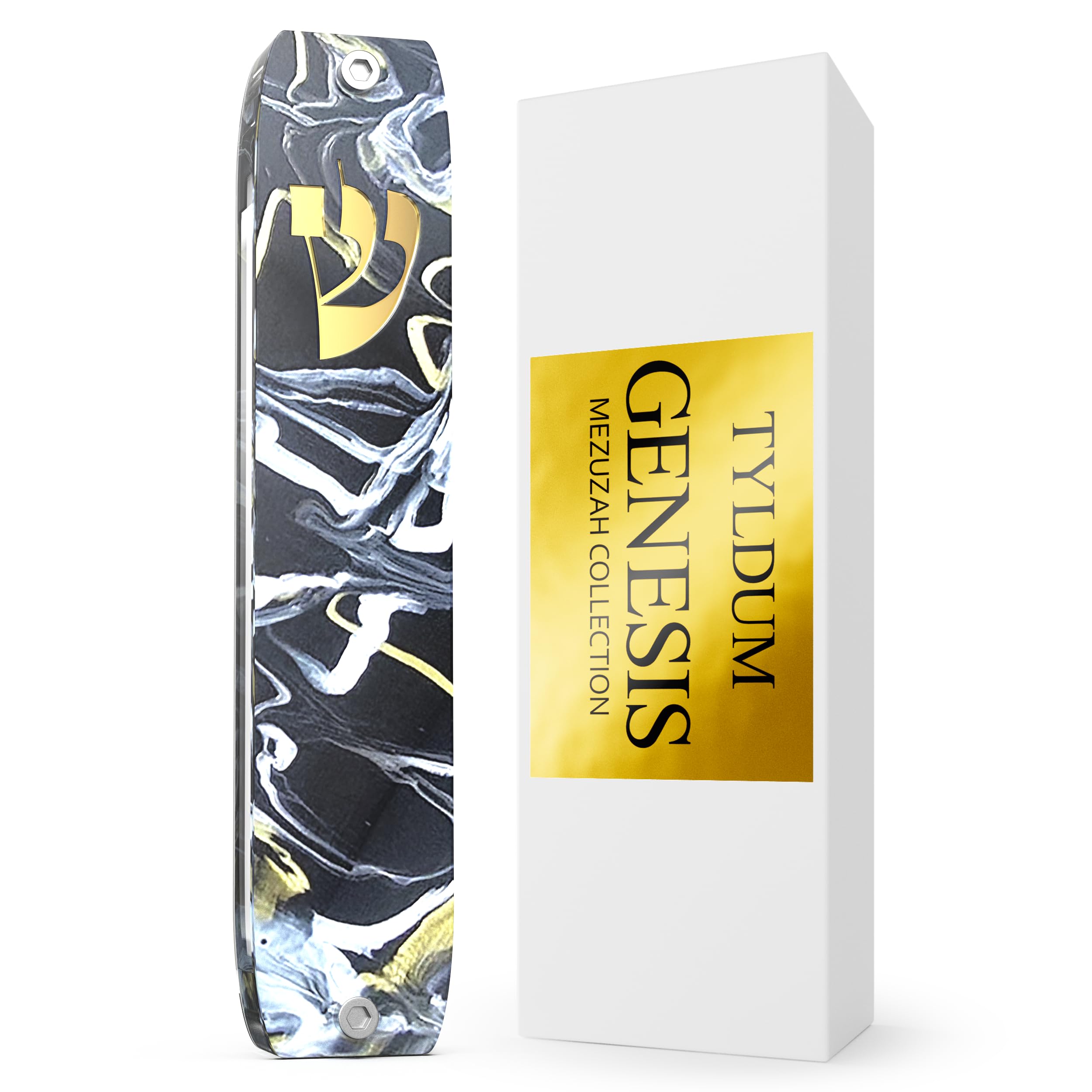 TYLDUM Genesis Mezuzah for Door – Modern Acrylic Mezuzah Case Without Kosher Scroll – Handmade in Canada Judaica Gift, Weatherproof, Jewish (Classic, Black Marble)