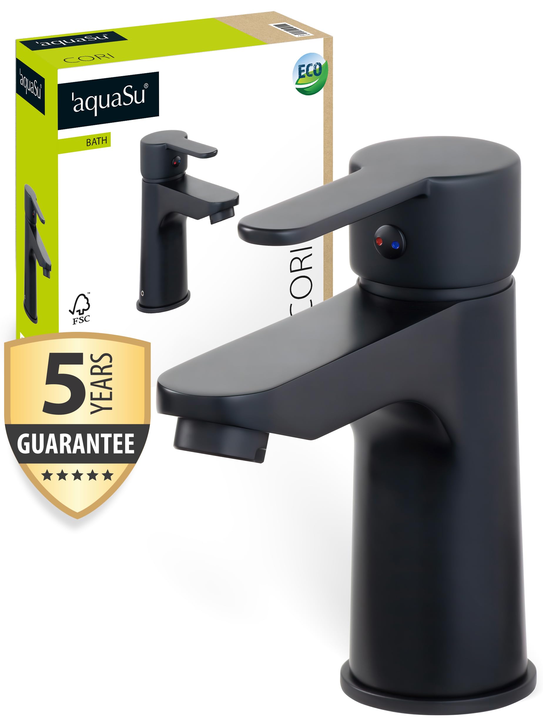 aquaSu® Cori 798655 - Grifo para lavabo (cartucho de ahorro de agua, válvula emergente, cartucho de cerámica, montaje superior, núcleo de latón, color negro)