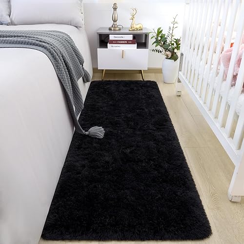 HOMORE Runner Rug 2x6 Black Rug for Bedroom, Fluffy Runner Rugs for Hallway Living Room, Non Slip Rugs for Indoor Entrance Memory Foam Carpet for Kids Room Dorm