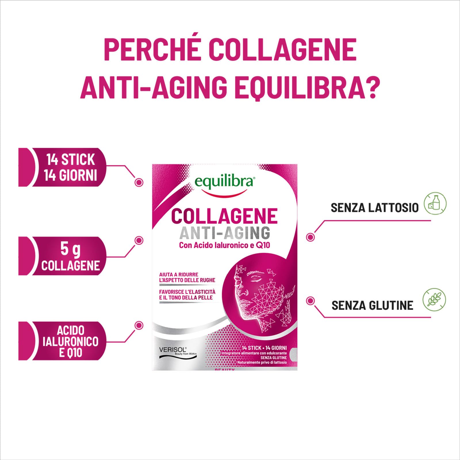 Equilibra Collagene Anti-Aging Integratore Alimentare in Polvere con Acido Ialuronico e Coenzima Q10 Anti Rughe per Elasticità e Tono della Pelle Senza Glutine - 42 Stick Monodose