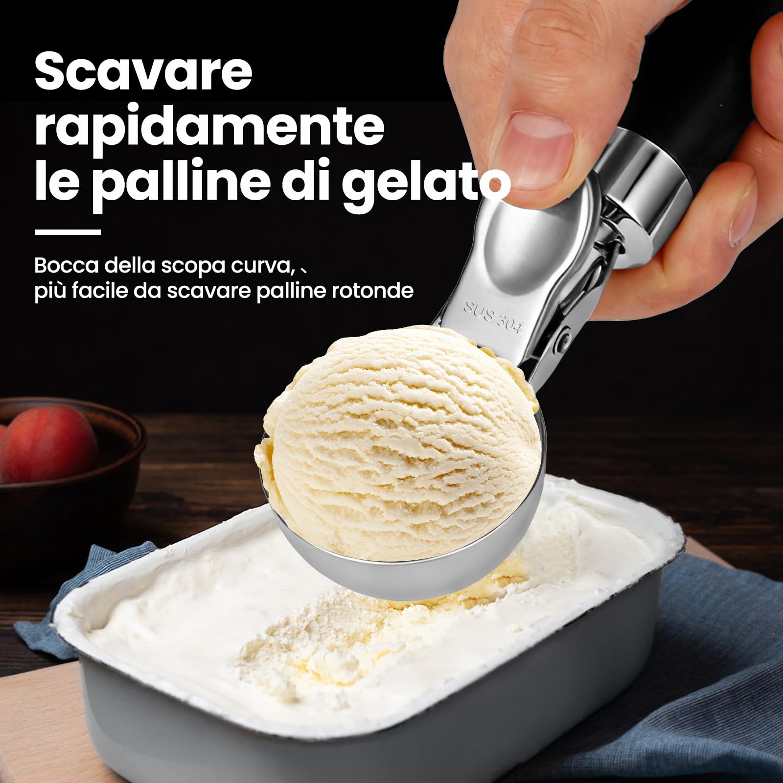 Porzionatore per Gelato in Acciaio Inox 21 cm - Cucchiaio per Gelato con Grilletto e Impugnatura Comoda, Antiadesivo