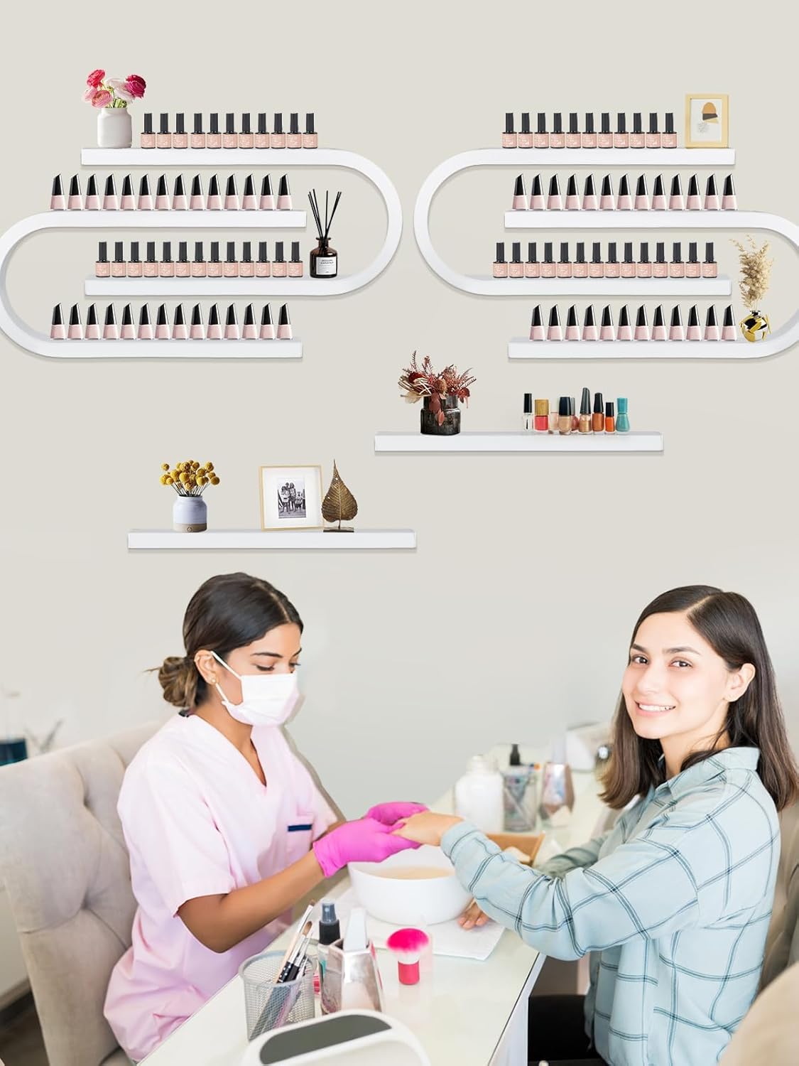 Lorvain 6PS Metal Wall Mounted Nail Polish Storage Racks, White Display Rack U Shape Cosmetic Display Case Lipstick Perfume Wall Shelf Essential Oil Organizer for Nail Polish Bottles Spa Nail Salon