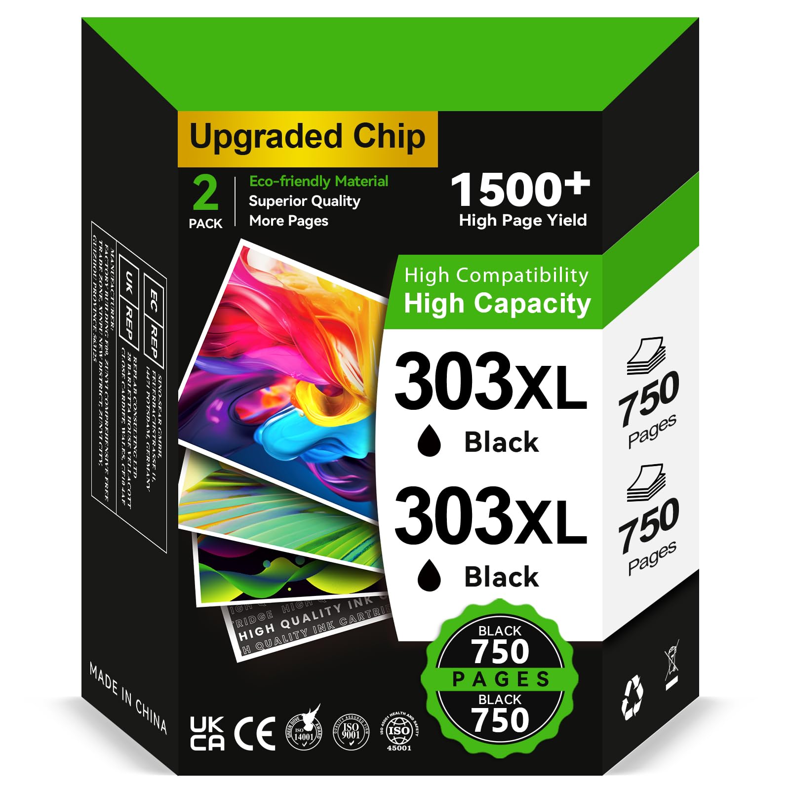 Cartuchos 303 XL Negro- 2X 750 Páginas, Reemplazo para Tinta HP 303 Negro Original, Tinta Impresora 303 XL para Envy Photo 7134 7830 6232 6230 7130 6220 6234 7100 7155 7800 7834 7855