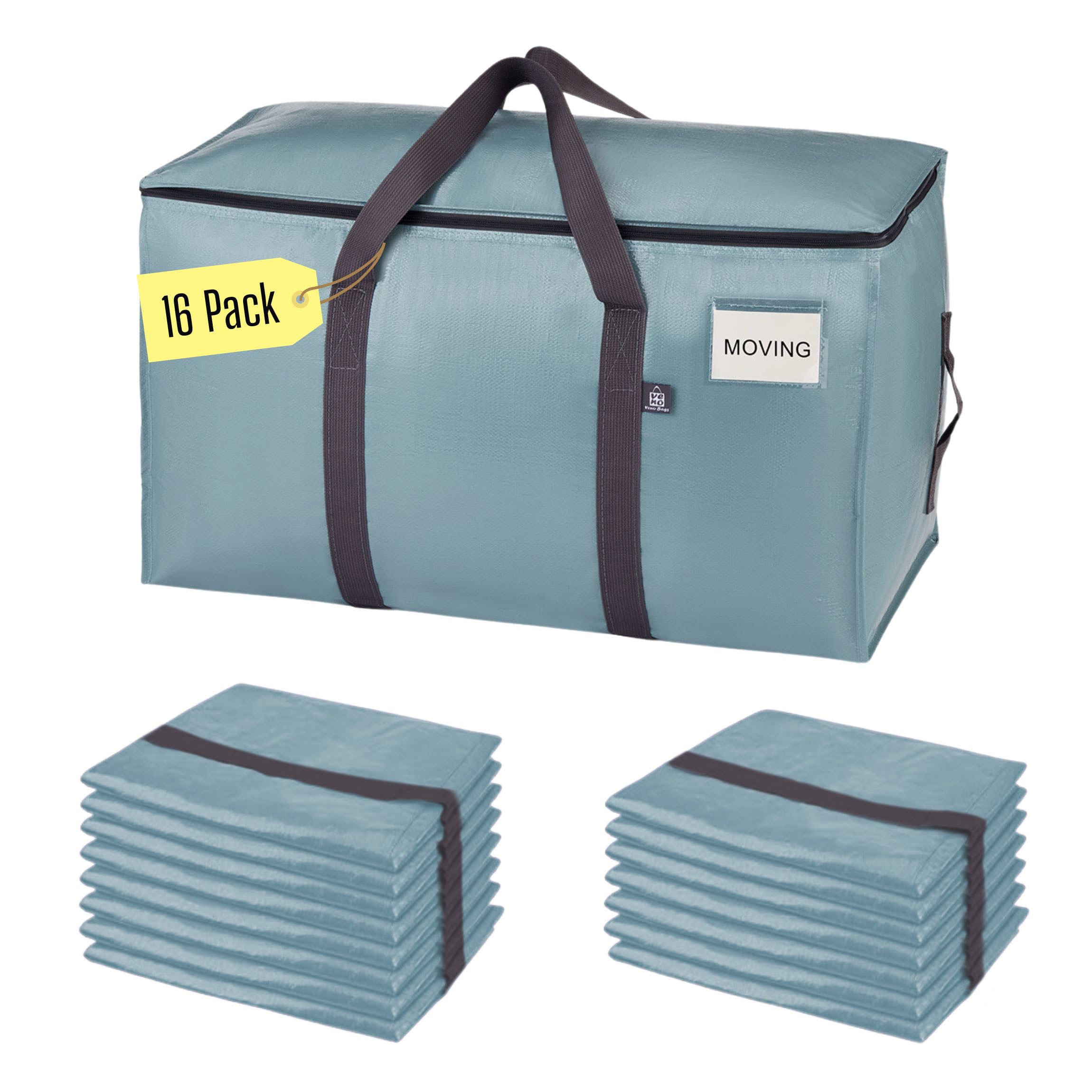 VENO 16 Pack Extra Large Moving Bags with Zippers & Carrying Handles, Heavy-Duty Storage Tote Moving Boxes for Space Saving (Light Blue-16 Pack)