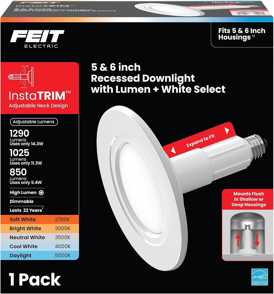 5/6in InstaTrim LED Recessed Downlight, 5CCT, E26 Base | Lumen Select (850/1025/1290 lm) & Adjustable White (2700K–5000K), Dimmable, Flush Mount, 25,000-Hour Lifetime