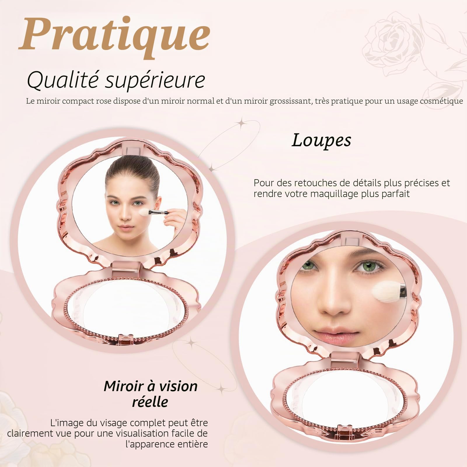 Lot de 30 miroirs compacts en forme de rose pour invités - Avec étiquette de remerciement et sac en organza (or rose)