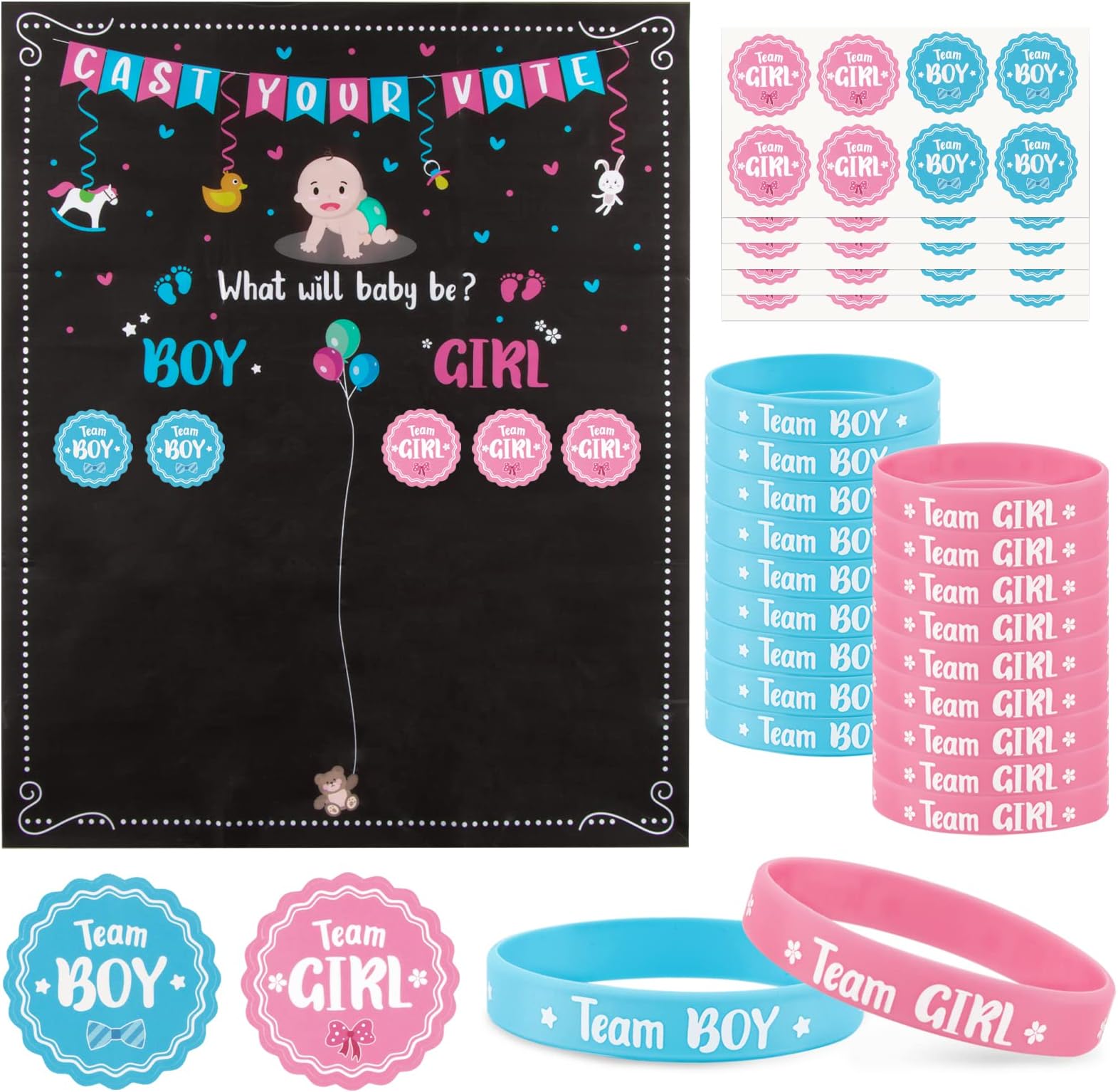 COLOFALLAGender Reveal Decoration Boy or Girl Voting Games Voting Poster with Gender Reveal Stickers Silicone Bracelets Blue Pink Gender Reveal Party Supplies