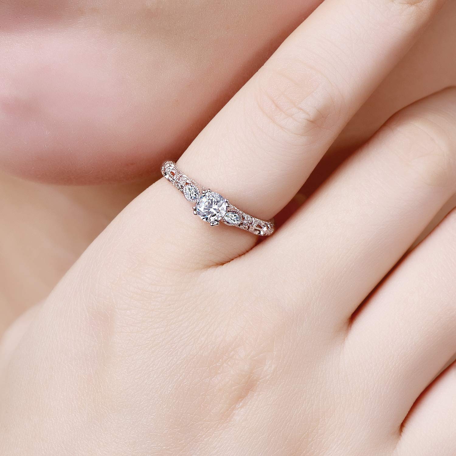 Emsione 925 Sterling Silver Plated Created White Topaz Round Cut Thin Statement Eternity Promise Ring Engagement Wedding Bands for Women Size 8