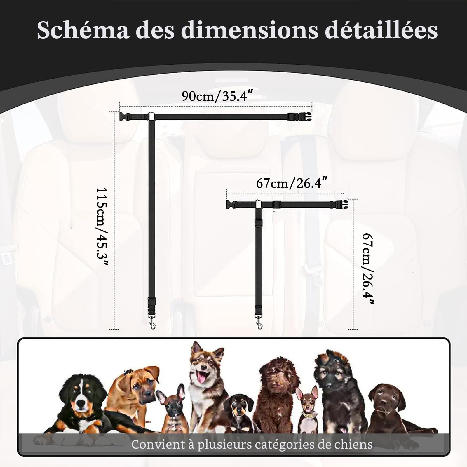 Ceinture de sécurité pour chien pour voiture, harnais réglable à double usage, ceinture de sécurité pour animal de compagnie, pour tout type de voiture, accessoire de voyage pour chien