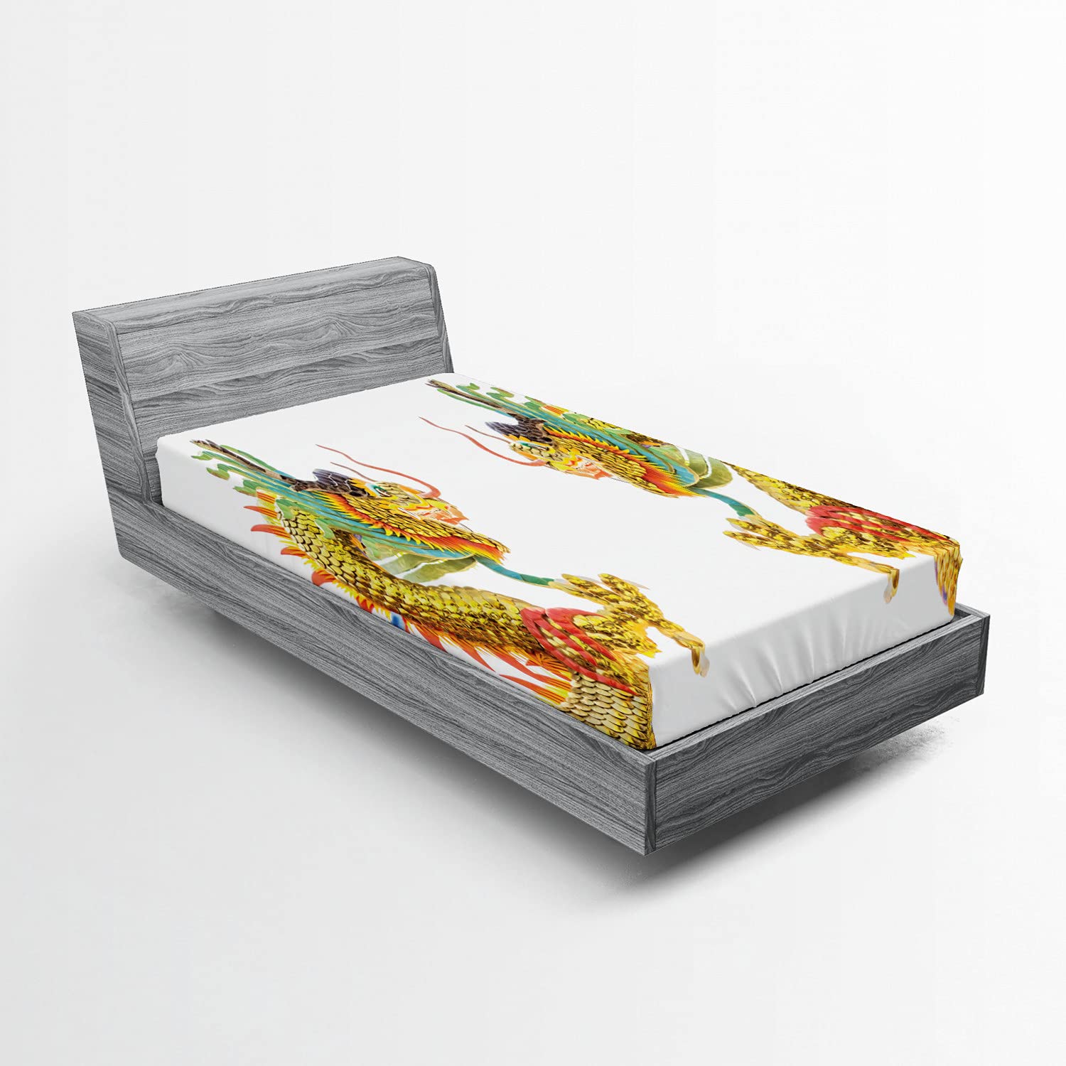 Ambesonne Dragon Fitted Sheet, Chinese Style Dragon Power Oriental Culture Theme, Bed Cover with All-Round Elastic Deep Pocket for Comfort, Twin XL Size, Green Mustard