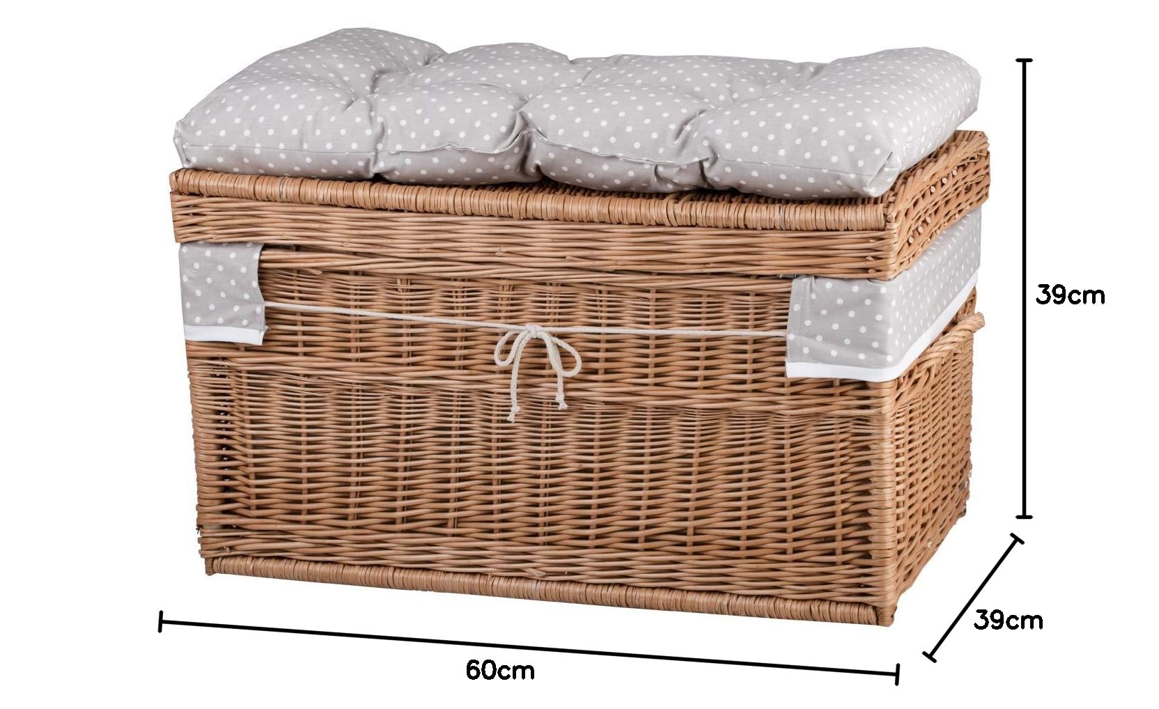 Caja grande, cesta, cesta, baúl de almacenamiento de mimbre, con bonito cojín de asiento (60 x 39 cm, natural/lunares beiges)
