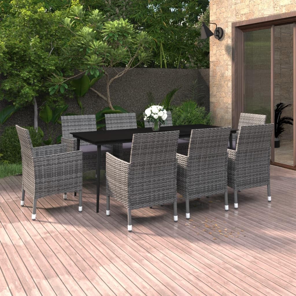 Juego de comedor para patio, 9 piezas con cojines, jardín, terraza, balcón, patio trasero, comedor, mesa y silla, ratán de polietileno y vidrio 2