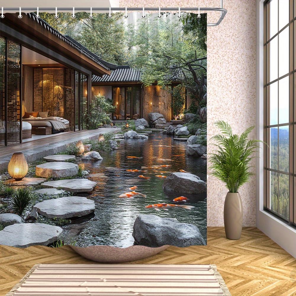 GLKSDLPO Japanese Garden Shower Curtain, Koi Pond Zen Bathroom Decor, Asian Landscape with Stepping Stones Bath Curtain(70x140cm/28x55in(WxH)