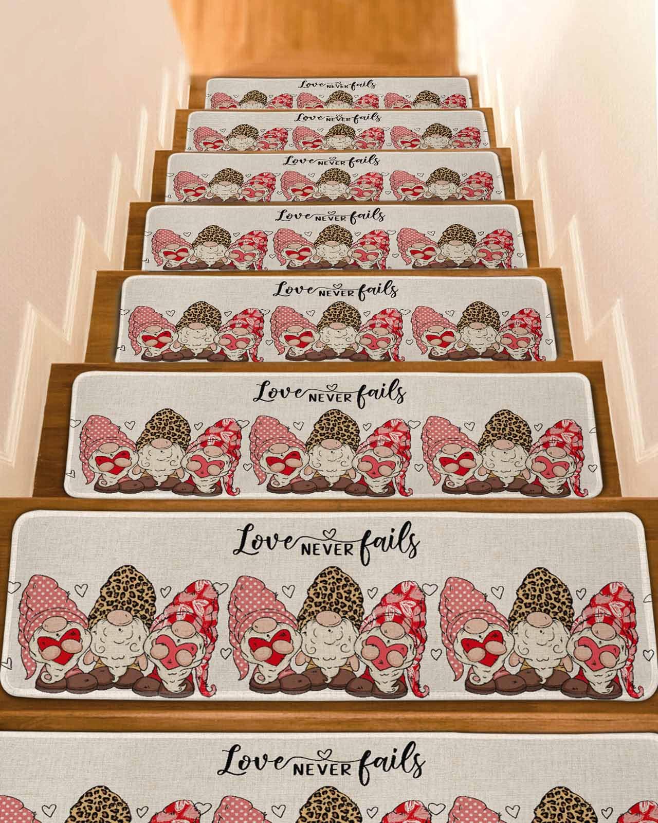 Stair Treads for Wooden Steps,Valentine's Day Dwarf Retro Linen Non Slip Stair Carpet Indoor Stair Runner Staircase Step Treads,Romantic Gnome Love Stair Mat 8x30in 4 Pcs