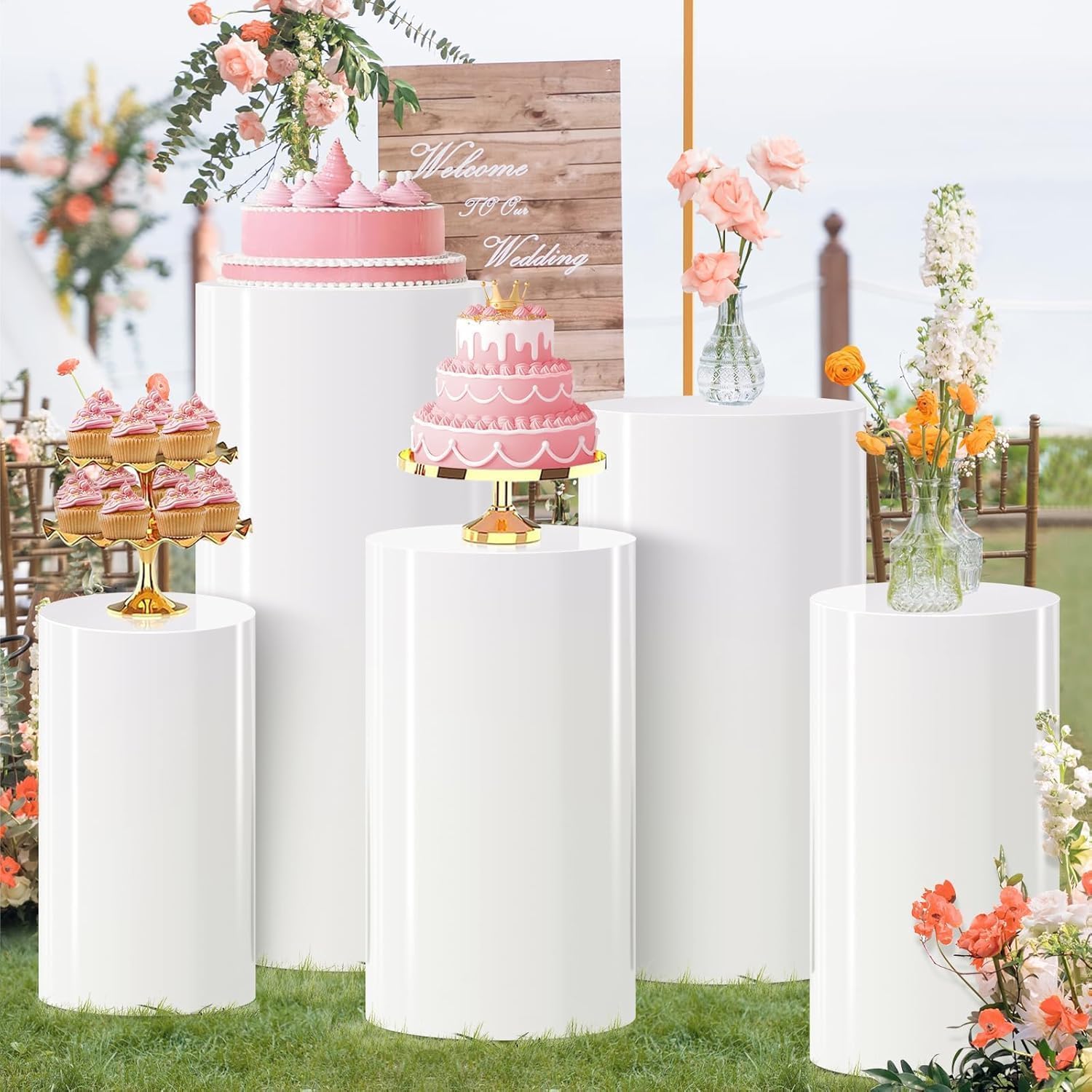 HoldOneLight Pack de 5 soportes de cilindro blanco para exhibición de tartas, flores, decoraciones de mesa para fiestas, decoración de eventos (bodas, baby shower, cumpleaños) (5 unidades)
