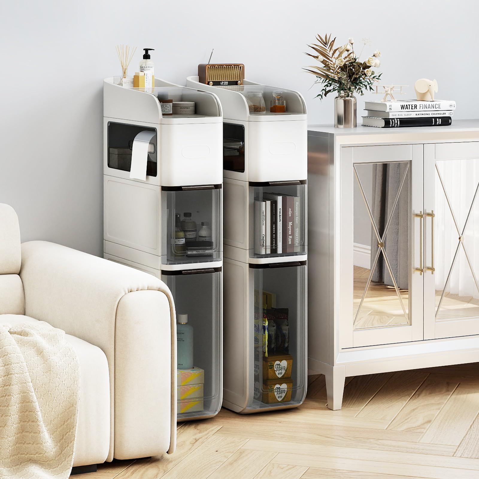 GIANTEX Schmaler Nischenschrank mit Rollen, Badezimmerschrank mit 2 Schubladen & doppelten Taschentuchausgängen, Kunststoff Nischenwagen für Wohnzimmer & Badezimmer, 43 x 18 x 88 cm (Weiß)