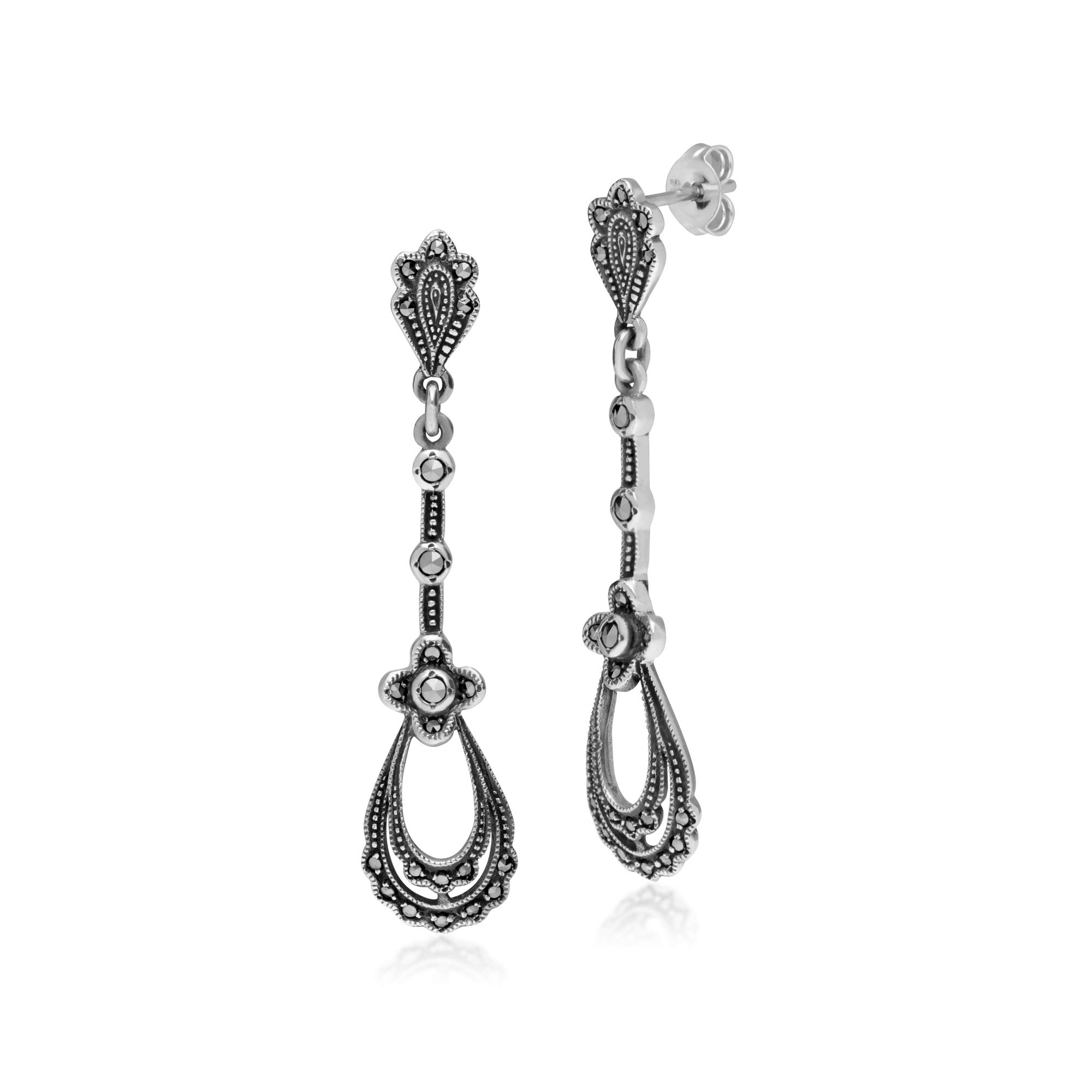 USA Sterling Silver 925 Marcasite Art Nouveau Lace Pattern Chandelier Drop Earrings