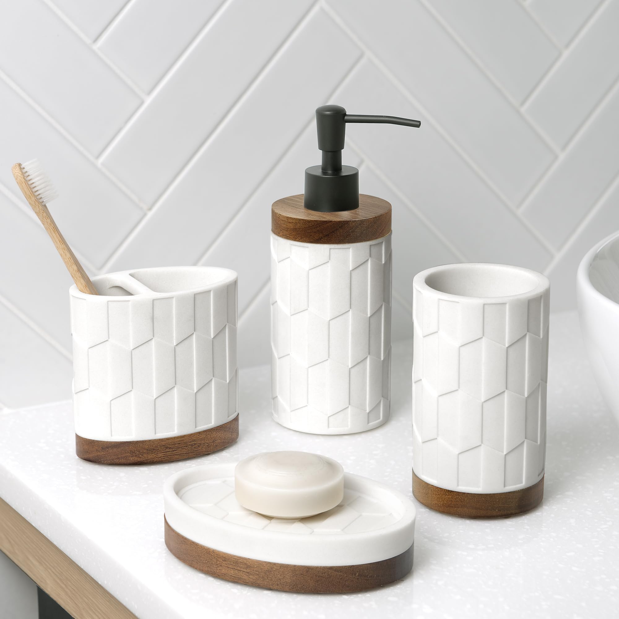 Sarasota Resin with Wood Accents 4-Piece Bathroom Accessory Set-Soap/Lotion Dispenser, Soap Dish, Toothbrush Holder, Tumbler Cup by Allure Home Creation, White