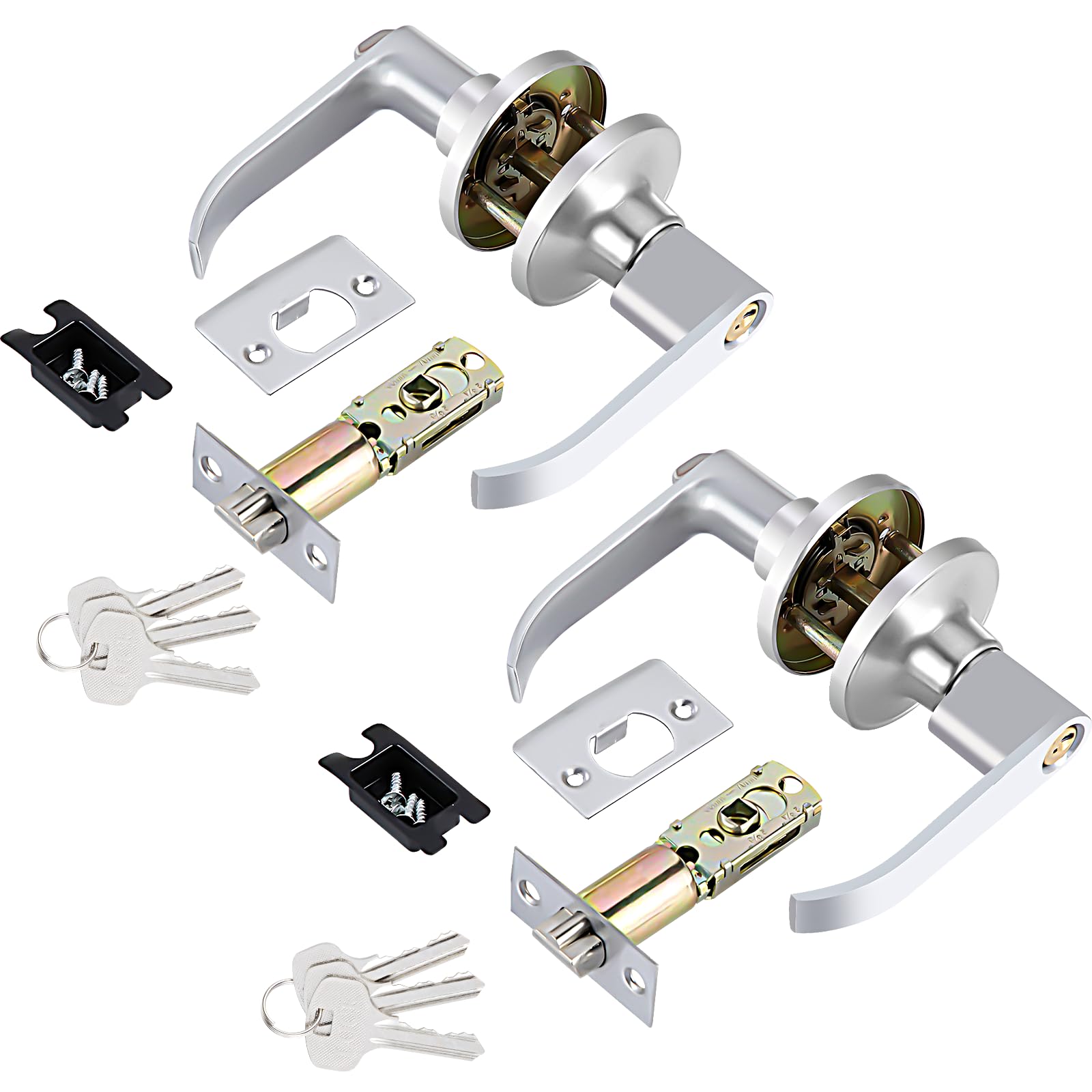Door Handle Lock with Keys, Door Lock for Interior with Adjustable Latch (2 Pcs), Silver