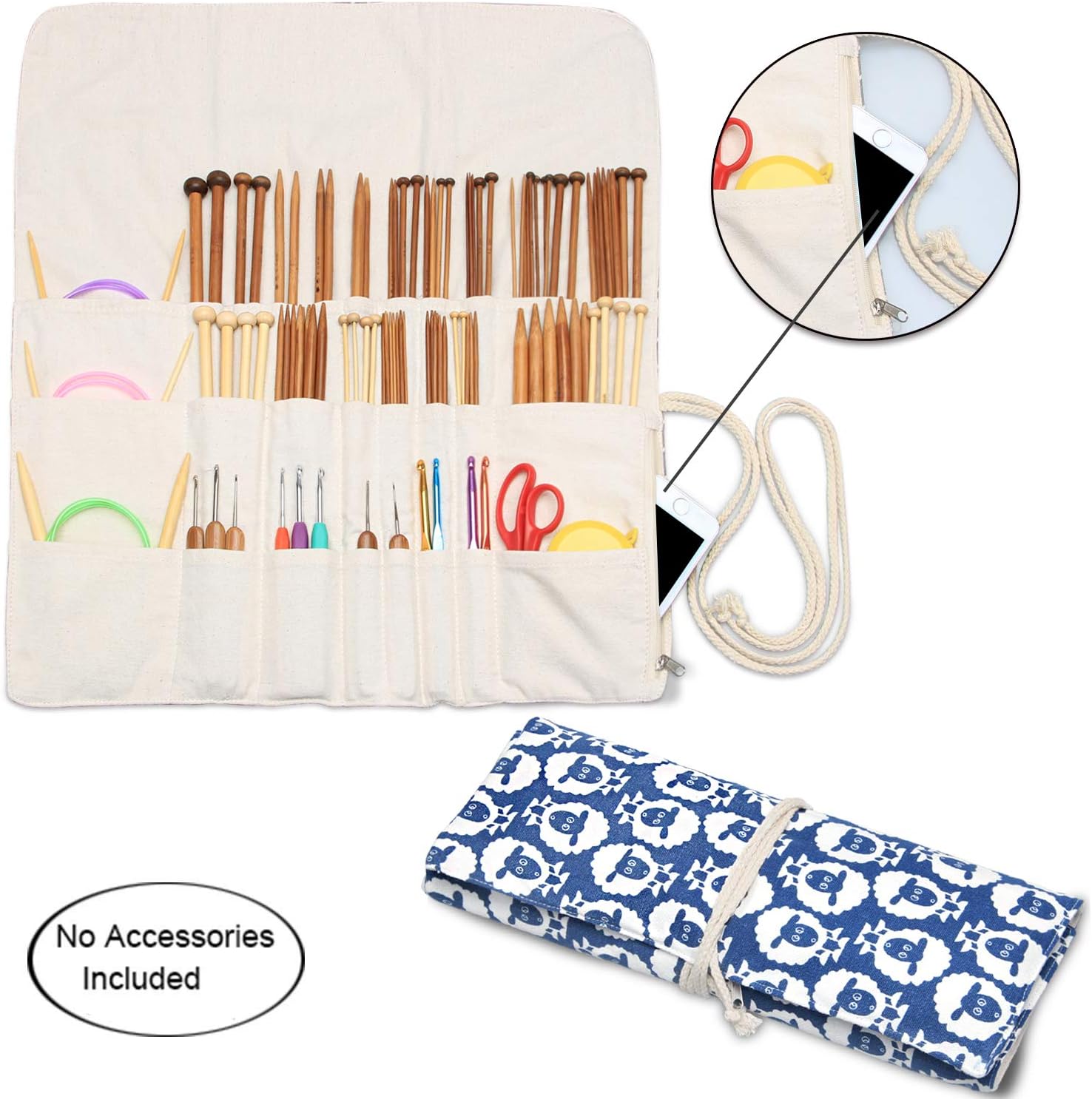Teamoy Knitting Needles Holder Case(up to 14 Inches), Rolling Organizer for Straight and Circular Knitting Needles, Crochet Hooks and Accessories, Sheep - NO Accessories Included