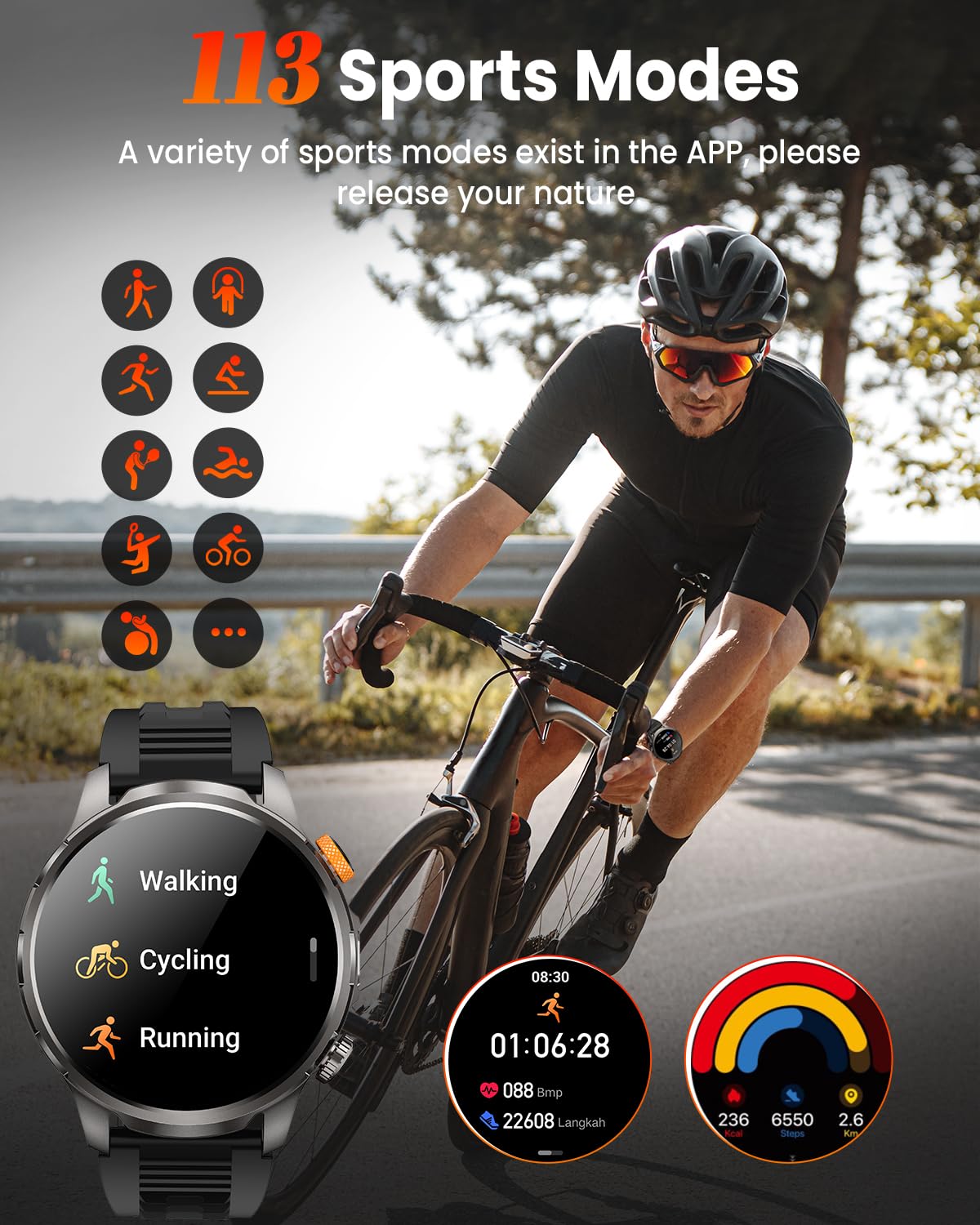 Reloj Inteligente Hombre con 1000mAh Batería y Linterna, 1.91" AMOLED, 5ATM Impermeable Smartwatch Militar con Llamadas, 113 Modes Sportifs, 24/7 Pulsómetro/Oxímetro/Sueño/Podomètre/Android iOS
