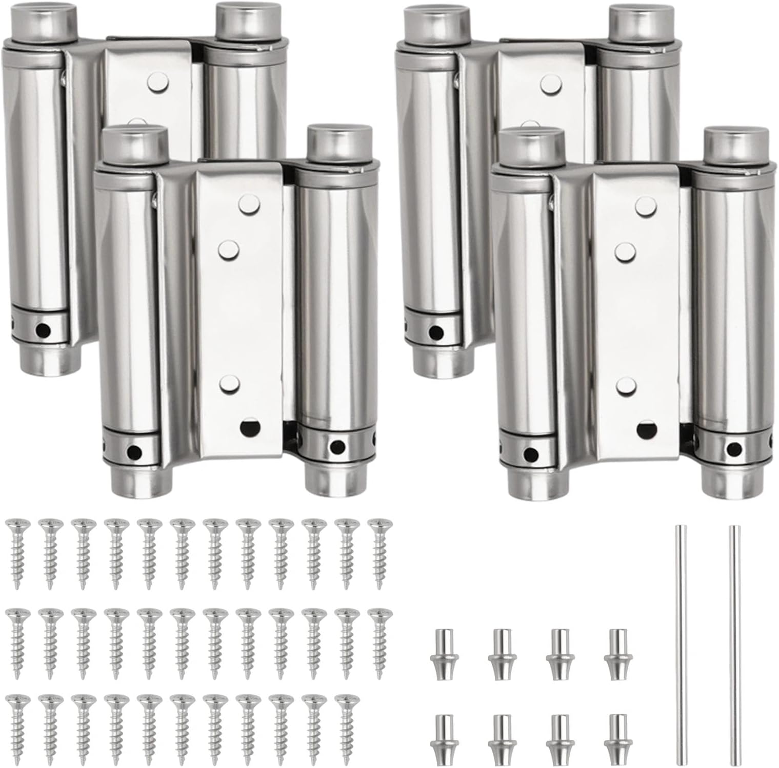 LEONTOOL 3" Double Action Spring Door Hinge 4 Pack Heavy Duty Self Closing Swing Hinges with Pins and Screws for Saloon Bar Pub, Swinging Cafe Doors, 201 Stainless Steel Adjustable Door Hardware