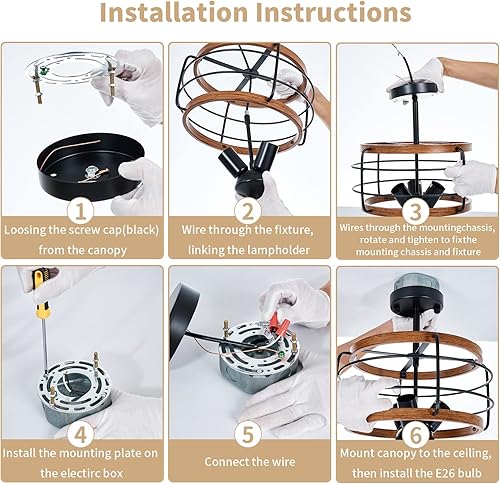 Miniatura 9 de Lámpara de techo semiempotrada, lámpara de techo retro de granja de 3 luces, luces industriales rústicas, iluminación vintage de metal marrón para