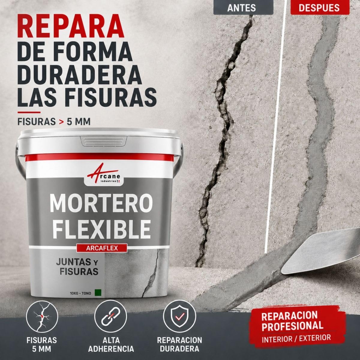 Mortero para Junta Flexible, Reparación de Fisuras en Hormigón 2 kg | Impermeabiliza Fachadas, Terrazas, Balcones, Azulejos y Hormigón, Rellena Fisuras, Int/Ext - Arcane Industries